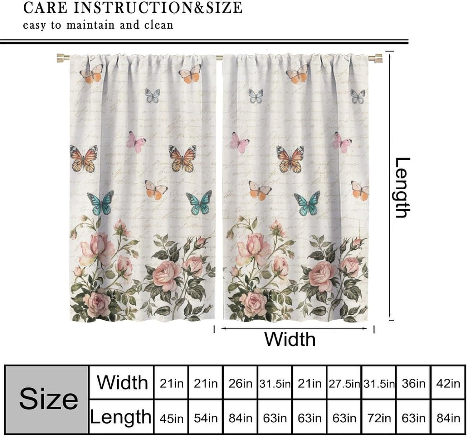 Retro Butterfly Blackout Curtains, Kids Girls Watercolor Vintage Pink Rose Floral Handwriting Window Treatments for Bedroom Kitchen Bedroom Drapes 2 Panels 72x63 Inch