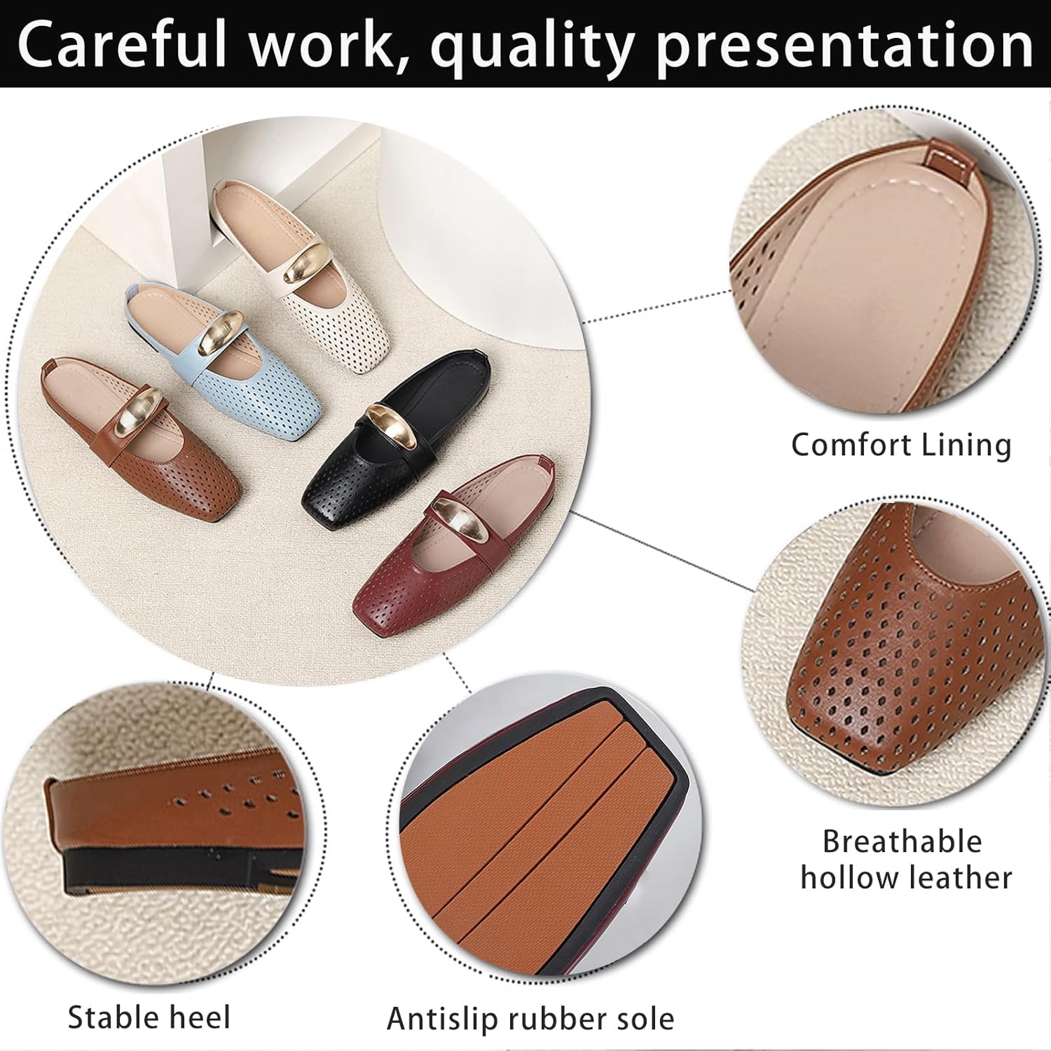 Women's Hollow Leather Flat Mules with Metal Buckle Square Toe Slingback Slip-On Mary Jane Flats Lightweight Comfortable Non-Slip Slippers for Office & Casual Wear - Image 3