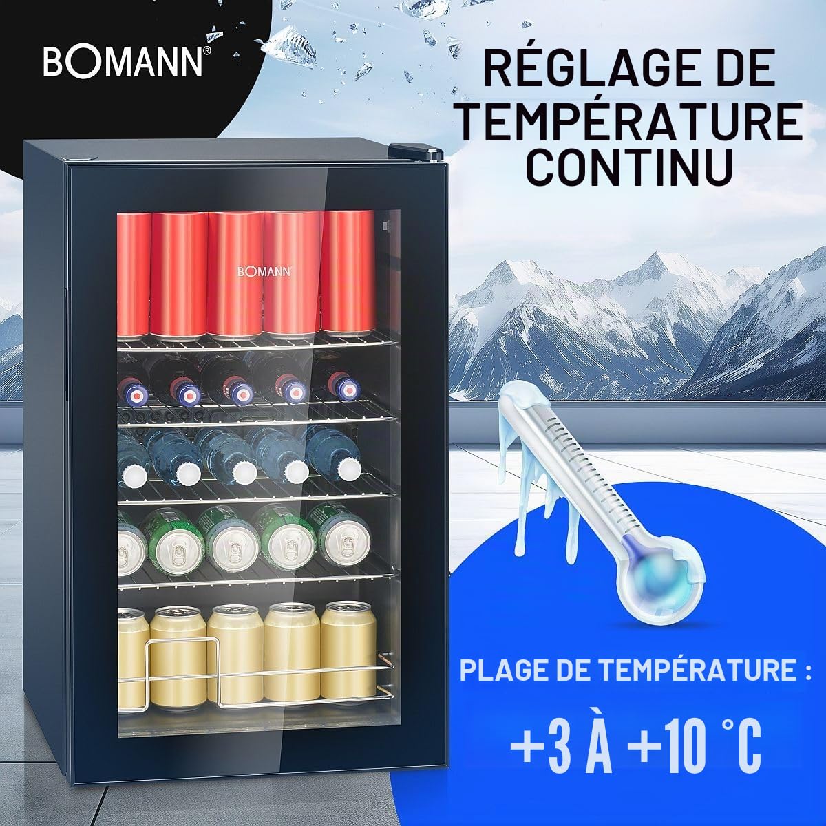 Bomann Réfrigérateur à Boissons 63 L KSG 7287, Éclairage LED, Noir | éclairage LED, contrôle température +3 à +10 °C, 4 étagères chromées, porte double vitrage, pieds réglables
