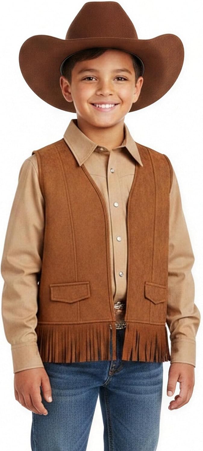 YesFashion Boys Western Faux Suede Fringe Vest Cowboy Style Sleeveless Open Front Vest 4-13Y