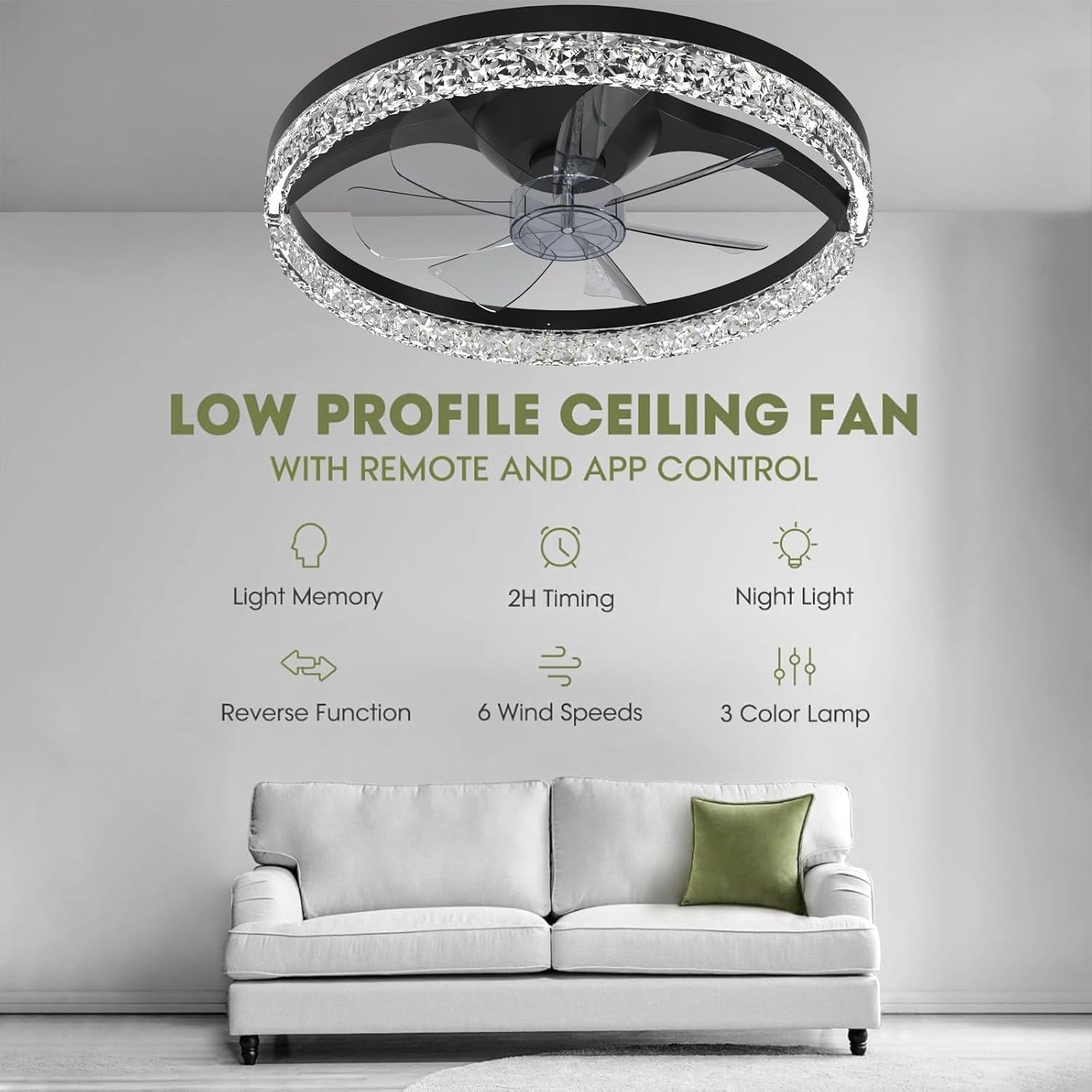 20" Profile Ceiling Fan with LED Light Kit & Remote Control,6-Speed Stepless Dimming, Color Temperature Adjustable 3000K-6500K, Flush Mount for Low Ceilings, Ideal for Bedroom,Living Room,Nursery