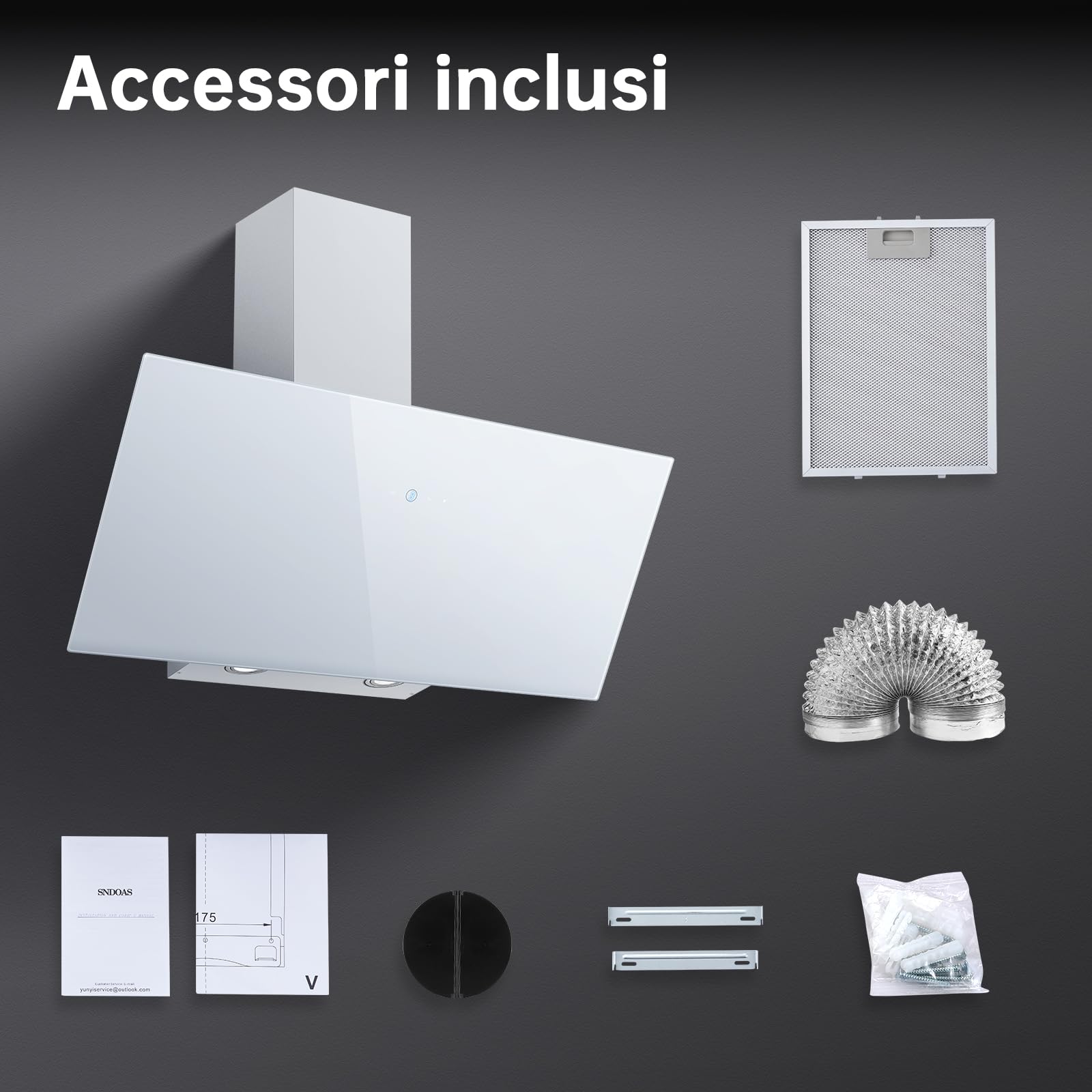 Cappa Aspirante 90cm Bianco 700 m³/h 3 Livelli Pannello Touch LED Efficienza A++