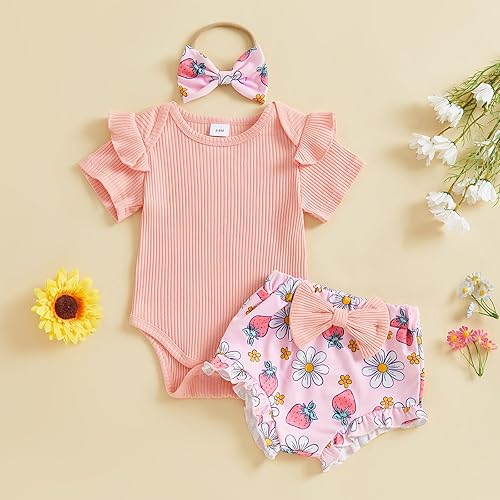 Miniatura 3 de Conjunto de 3 piezas de ropa de verano para bebé recién nacida, con volantes, manga corta, cintura elástica, pantalones cortos y diadema