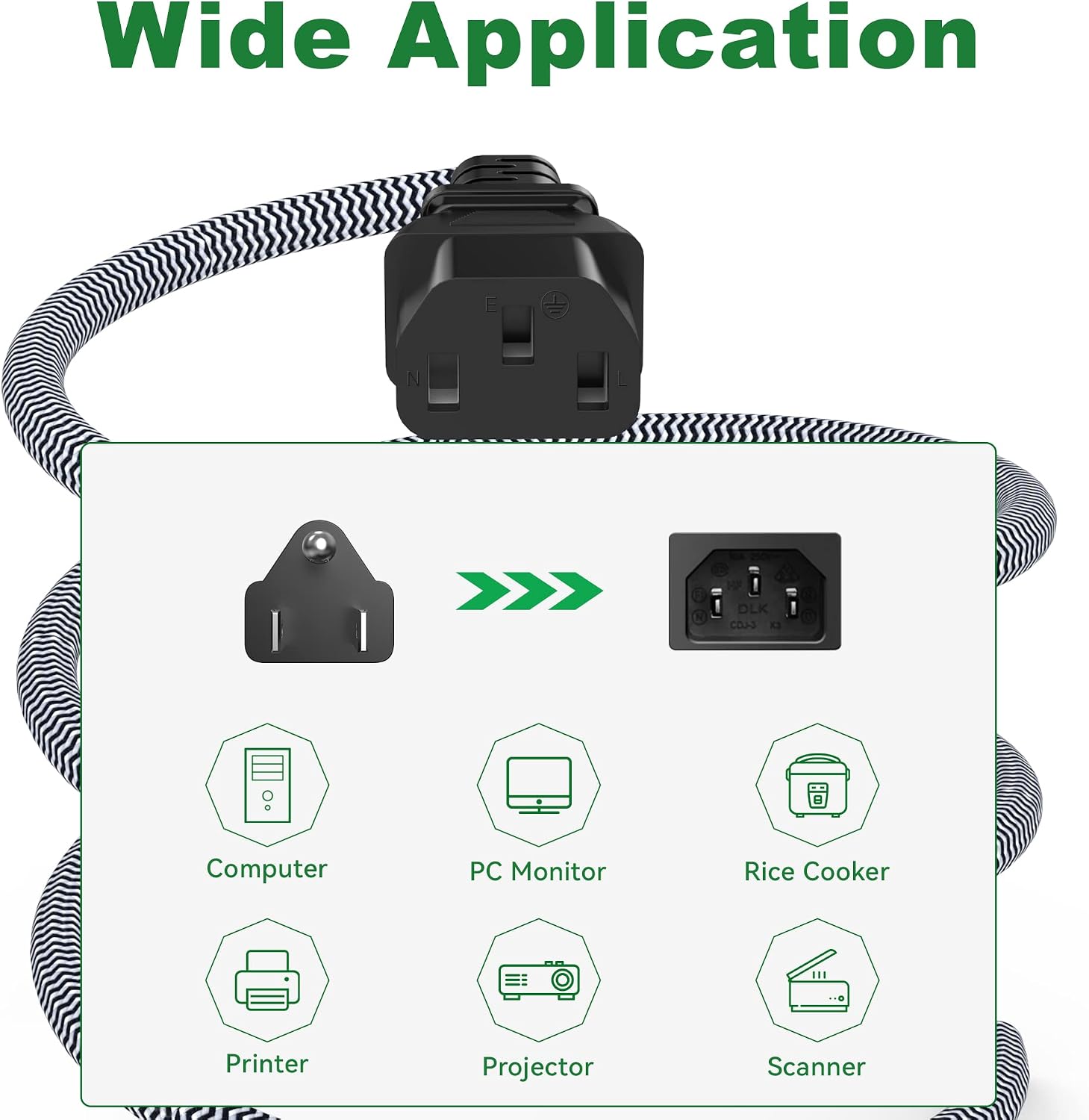 10FT Computer Power Cord (1 Pack), 3 Prong Nylon Braided Replacement Power Cable, NEMA 5-15P to IEC13, 18AWG, 10A 110V-300V(MAX), AC Power Cord for TV, Monitor, Appliance, Desktop, Scanner, Printer