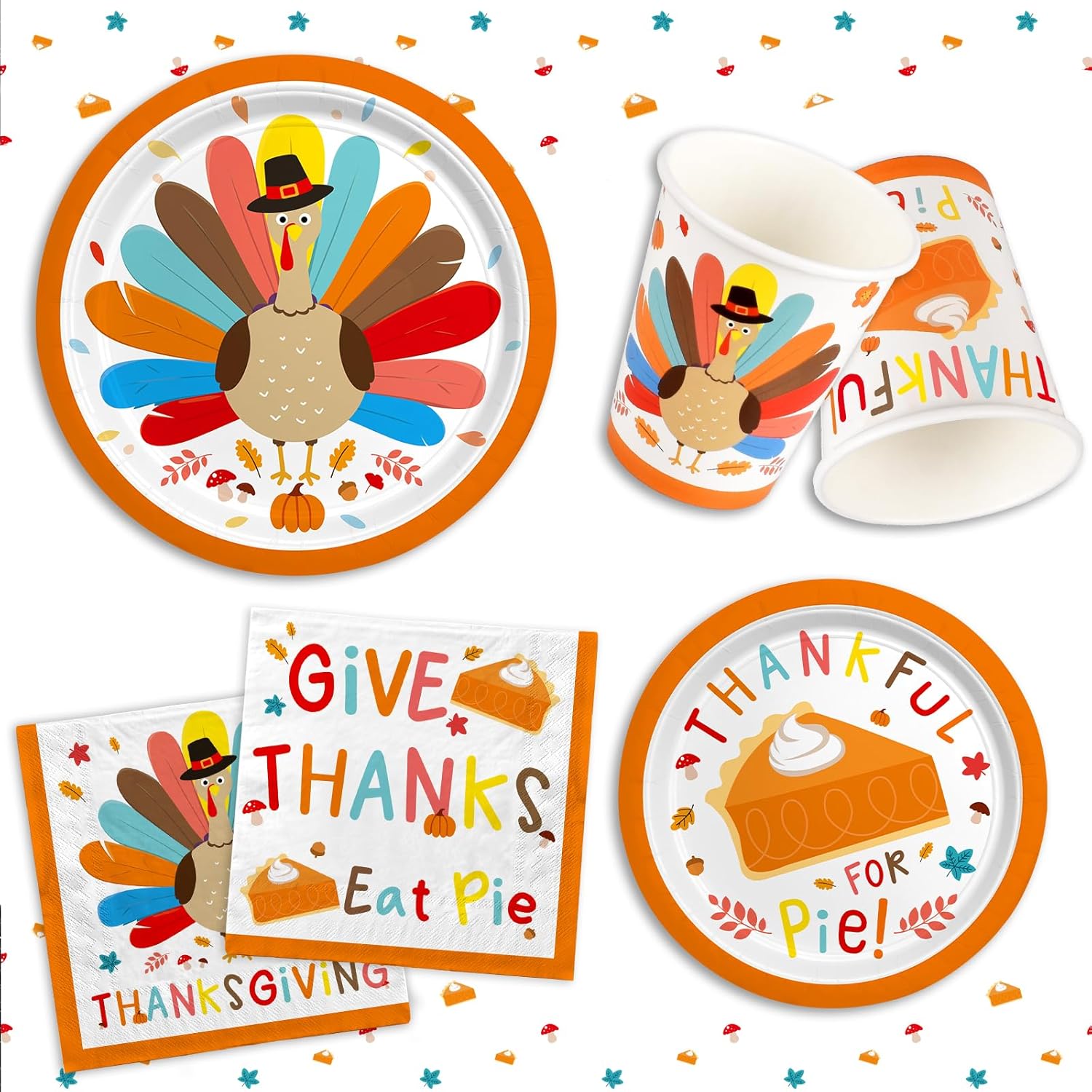 Turkey Thanksgiving Party Supplies Kit - Includes Autumn-Themed Disposable Dinnerware: Dinner & Dessert Plates, Napkins, Cups, Banner and Tablecloth for Thanksgiving Party Decorations, Serves 25