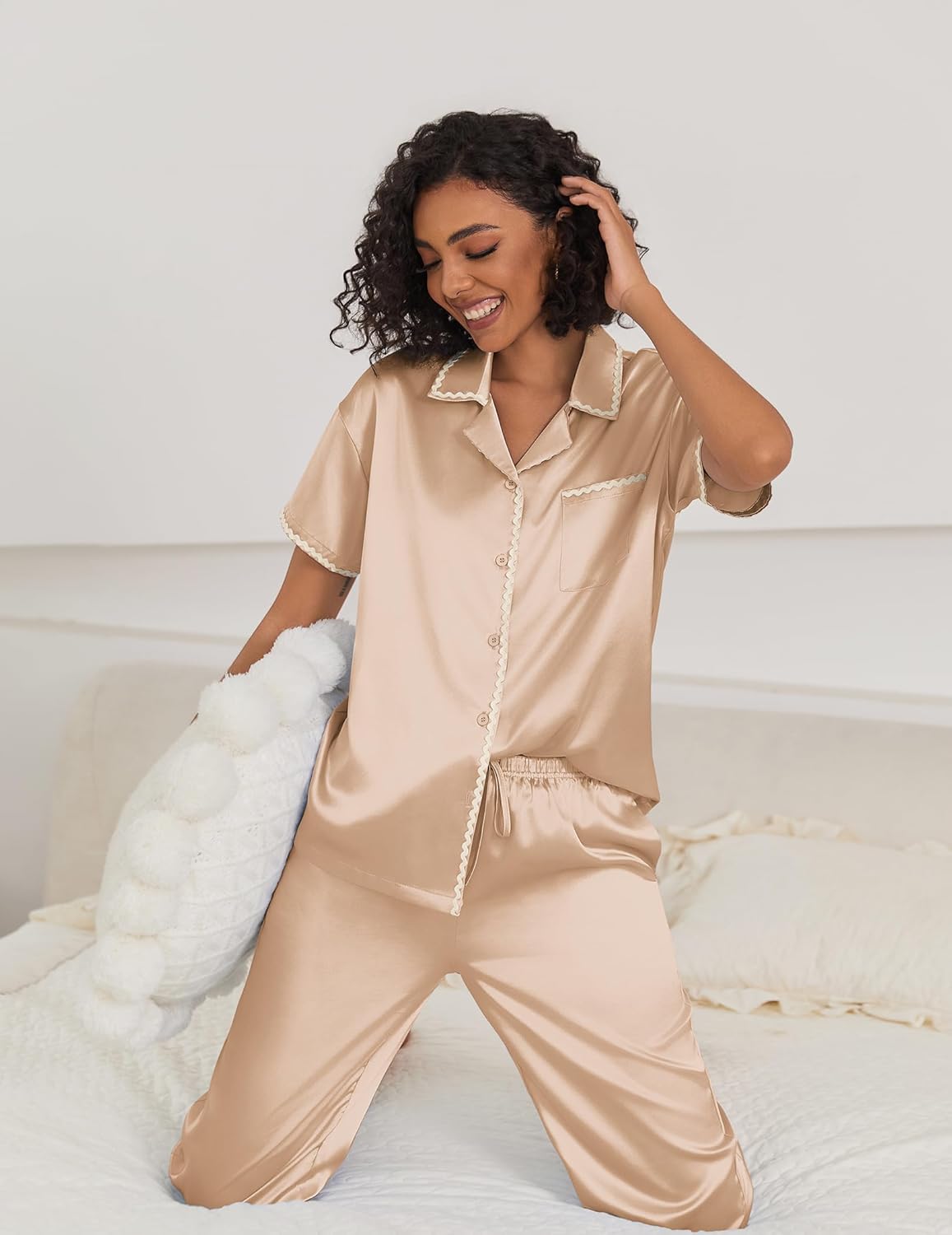 Ekouaer Silk Pajamas for Women Set Satin Two Piece Pjs Sets Ric Rac Trim Contrast Loungewear