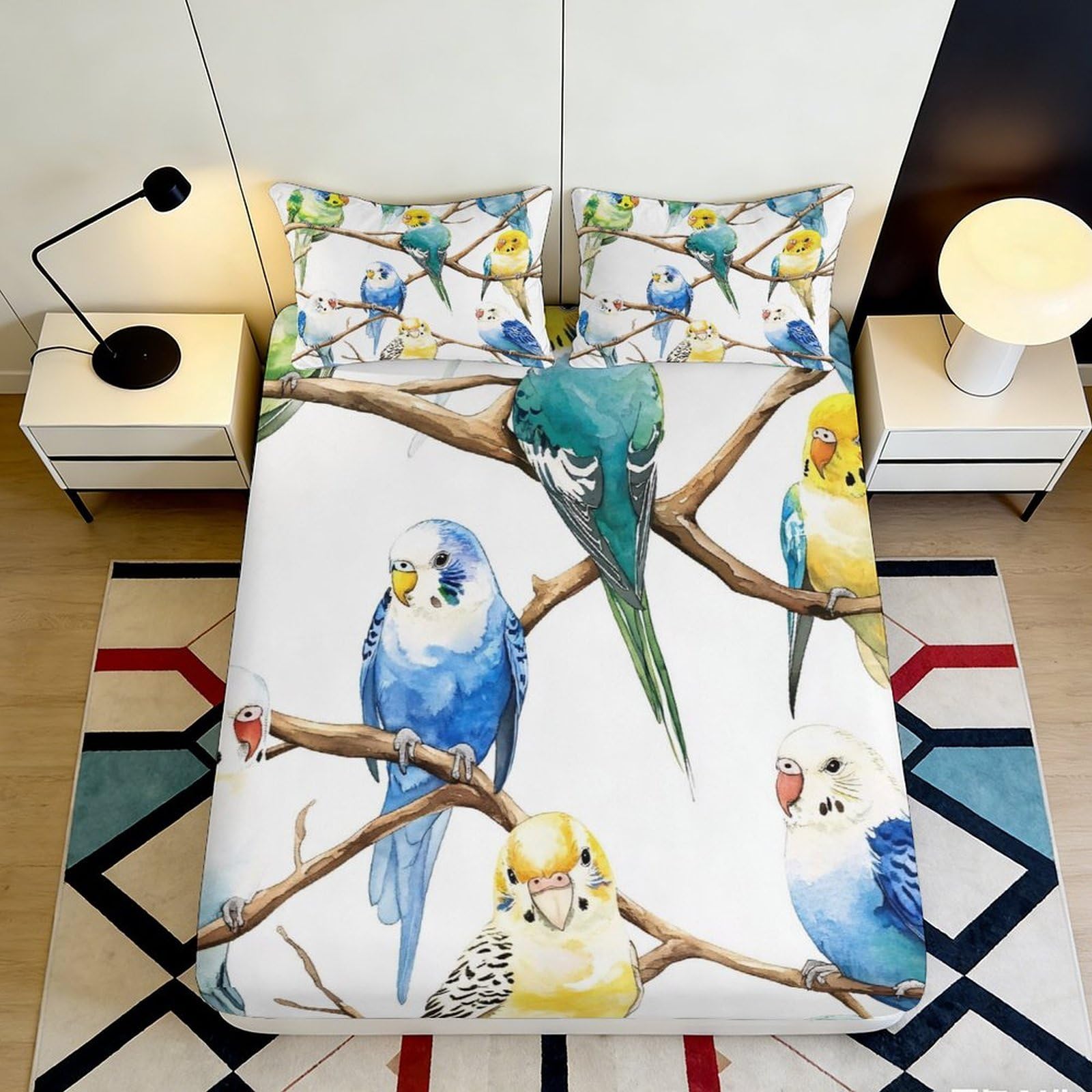 3D Printed Parrot Bird Fitted Sheet Microfiber Soft Colorful Branch Bed Cover for Bedroom Guest Room Dorm Decor Mattress Protection 90x200x25cm