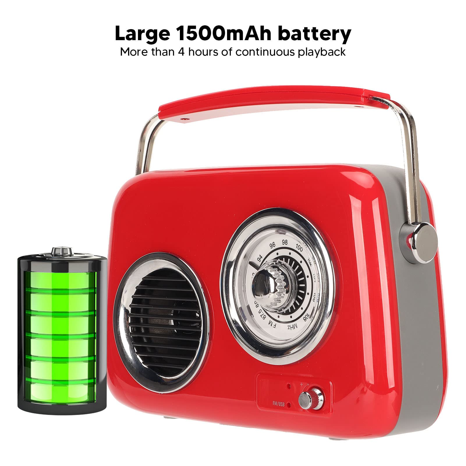 Radio Rétro FM/USB/AUX avec Radio Portable Stéréo HiFi Bluetooth 5.0 avec Haut-Parleur de Batterie 1500 MAh, Nostalgique pour Cuisine, Bureau, Maison (Rouge)