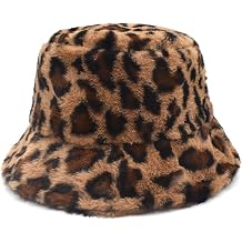 BeFur Faux Fur Wide Brim Bucket Hat for Women Leopard Print Winter Cloche Fisherman Cap