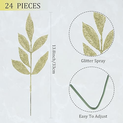 Miniatura 2 de Púas y aerosoles de Navidad, 24 piezas, decoración de Navidad dorada, adornos florales, arreglos de púas florales, hojas de oro falsas, hojas de