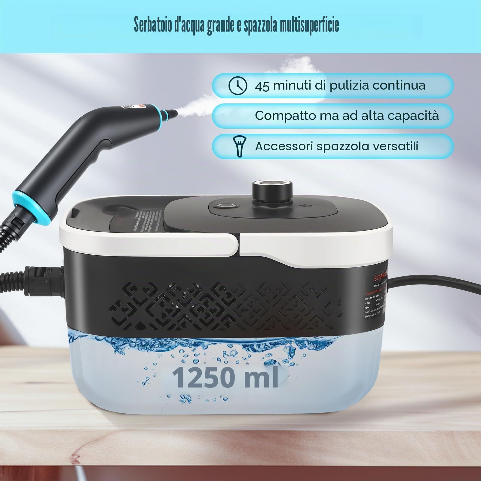 Pulitore a Vapore Portatile 2500W, 4.5BAR Alta Pression, Riscaldamento 15s, Serbatoio 1250ml, 9 Accessori, 2m Tubo - Per Cucina, Auto, Pavimenti, Finestre, Barbecue con 3 Livelli Vapore