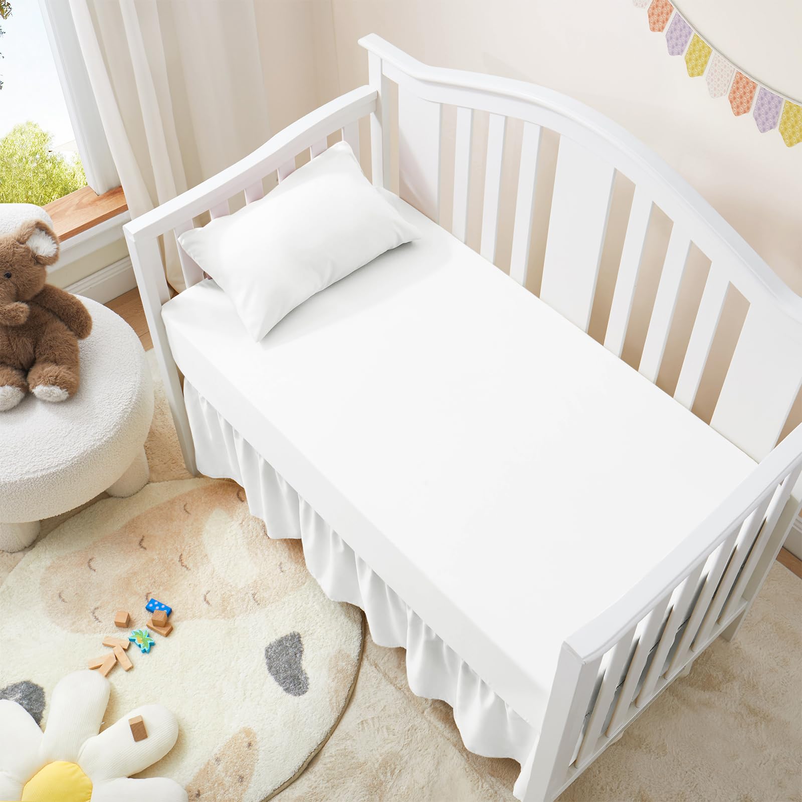 Horbaunal Juego de 2 sábanas para cuna, color blanco | Falda de cama para cuna de 28 x 52 pulgadas, volantes de caída de 14 pulgadas, falda de cama de microfibra para niños y niñas