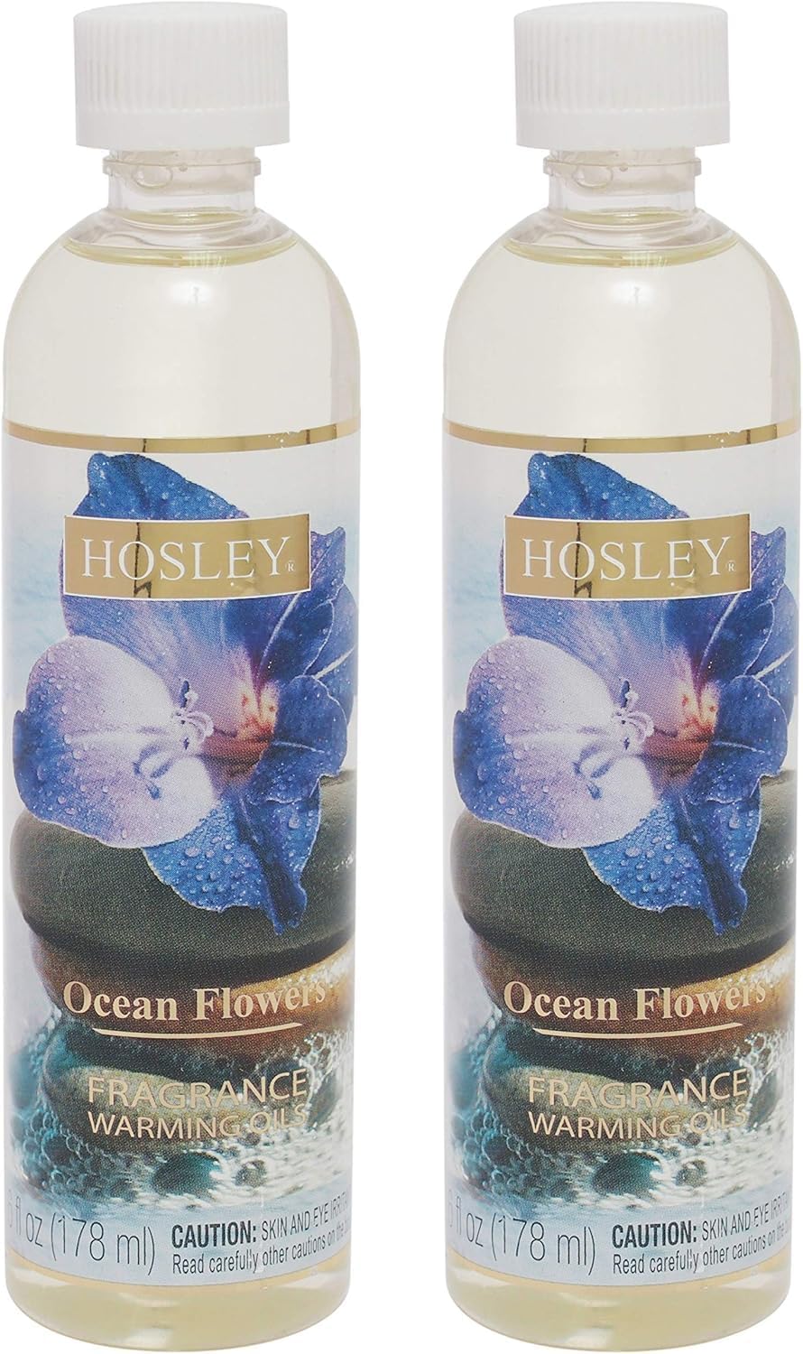Hosley 2-Pack 5" High Cream Ceramic Electric Warmer Bundle with Set of 2 Ocean Flowers Fragrance Warming Oils 6 Ounce Bottles for Continuous Aromatic Bliss and Serene Coastal Ambiance