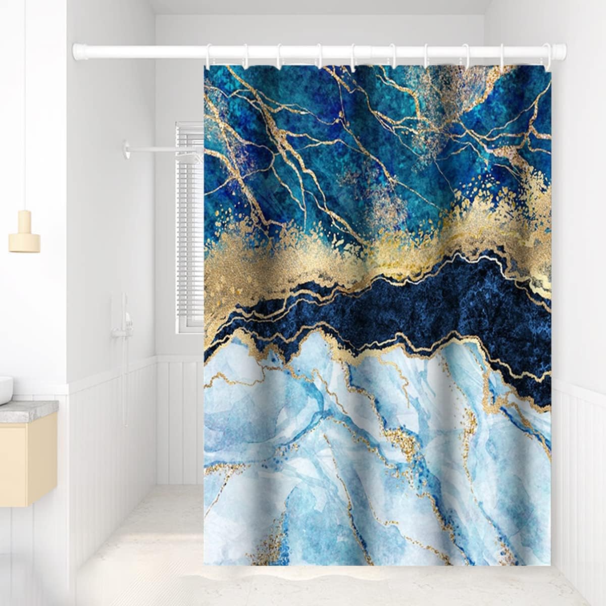 Blue Shower Curtain, Navy Blue Marble Shower Curtain for Bathroom Stall RV Abstract Gold Art Decor Waterproof Fabric Shower Curtain Set with Hooks 72x72 inches
