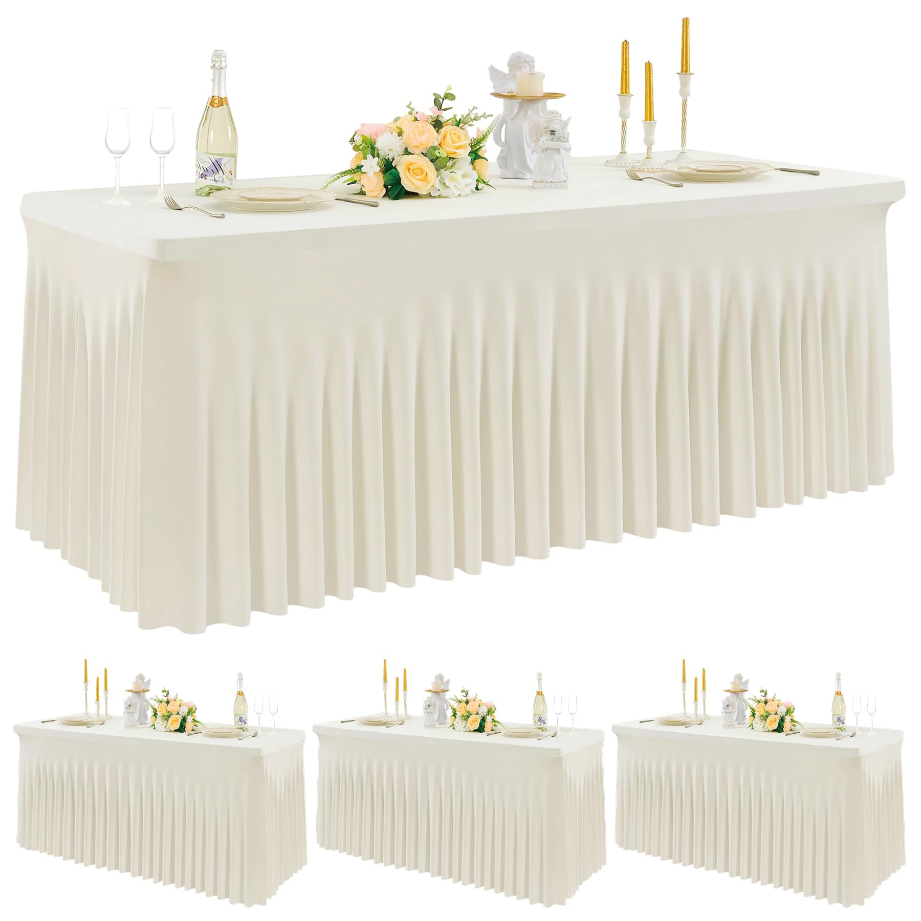 NSSONBEN 4-Pack Elfenbein Rechteckig Spandex Tischdecke für 180cm Rechteck Tische, Faltenfreie Stretch Tischdecke mit Rock für Bankett Party Hochzeit Geburtstag Meeting Muttertag Tischdecken