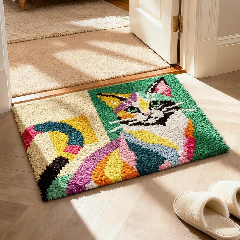 ORIGACH Colorful Abstract Cat Latch Hook Rug Kit for Adults Printed Rug Making Kit Handmade Carpet Tapestry Cover with Hook Latch and Preprinted Canvas, Home Arts Crafts Sofa Decor, 20.5x15inch