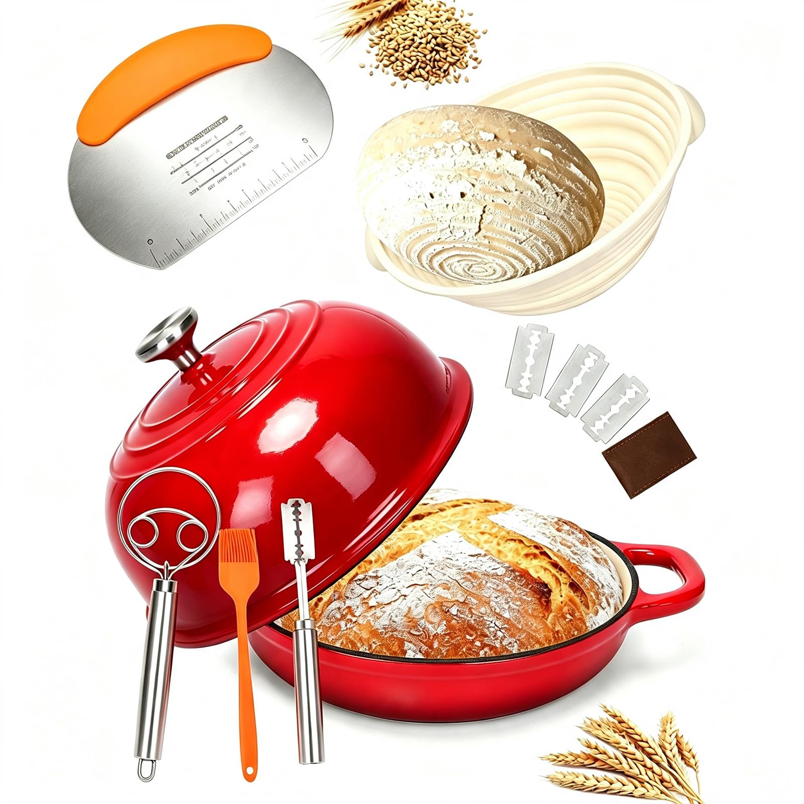 GFTIME Olla de hierro fundido para hornear pan, cacerola con tapa, 5 cuartos de cuarto, horno holandés, sartén para pan con cesta de fermentación, cortador, mezclador de masa, olla de hierro fundido