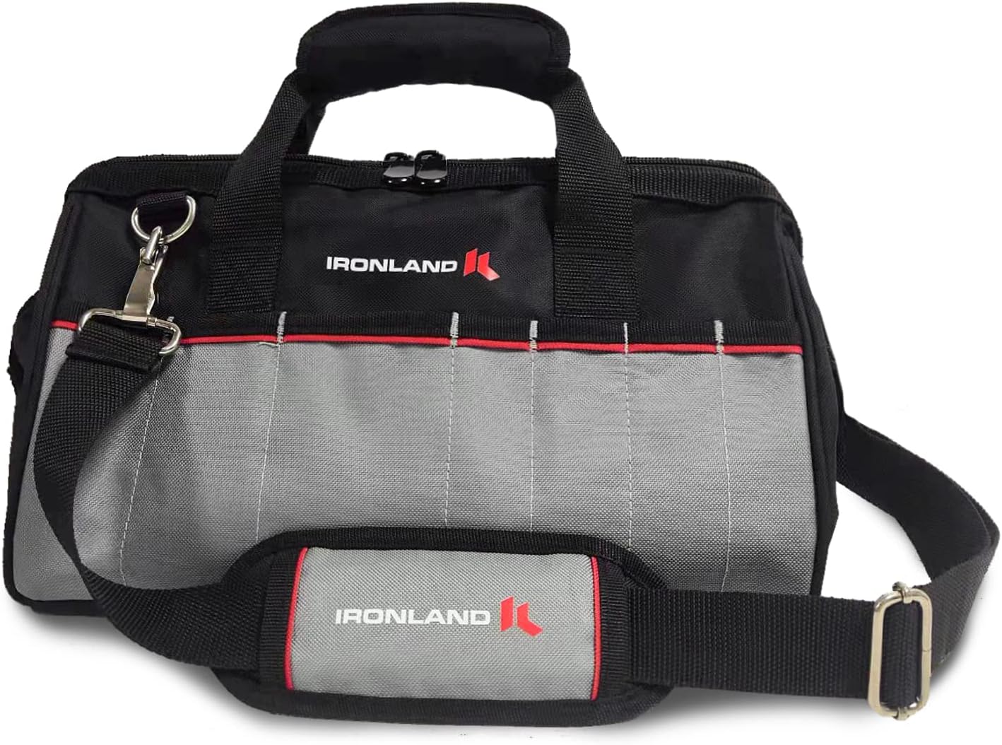 IRONLAND 14 inch Small Tool Bag, Wide Mouth Tool Bags for Men with Waterproof Molded Base, Multi-Compartment Organizer Bag with Adjustable Shoulder Strap and Padded Handle