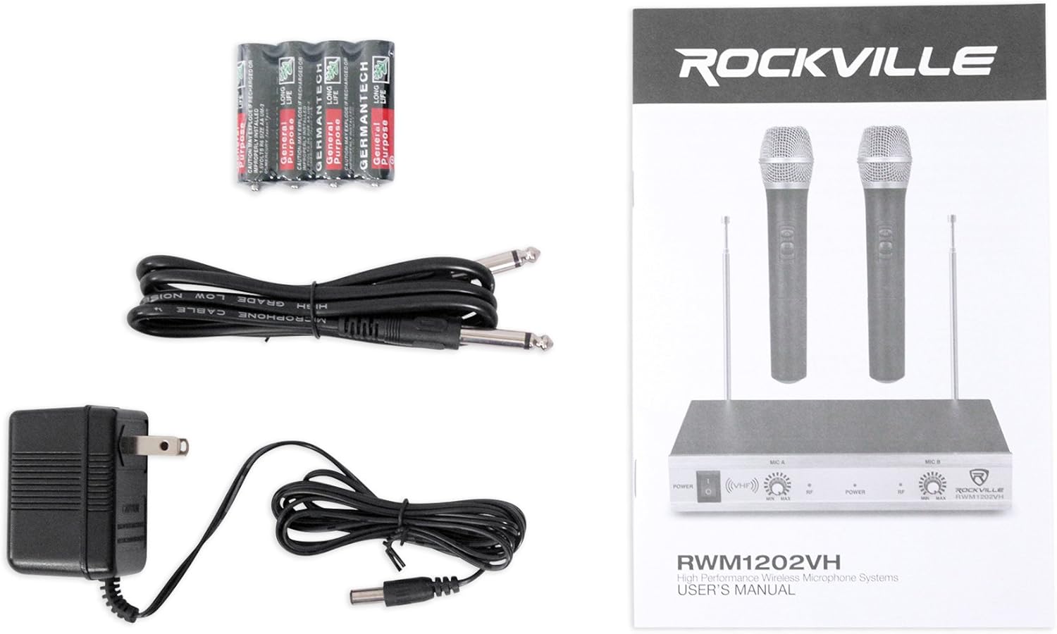 Rockville RWM1202VH VHF Wireless Dual HandHeld Microphone System/Metal Receiver : Musical Instruments