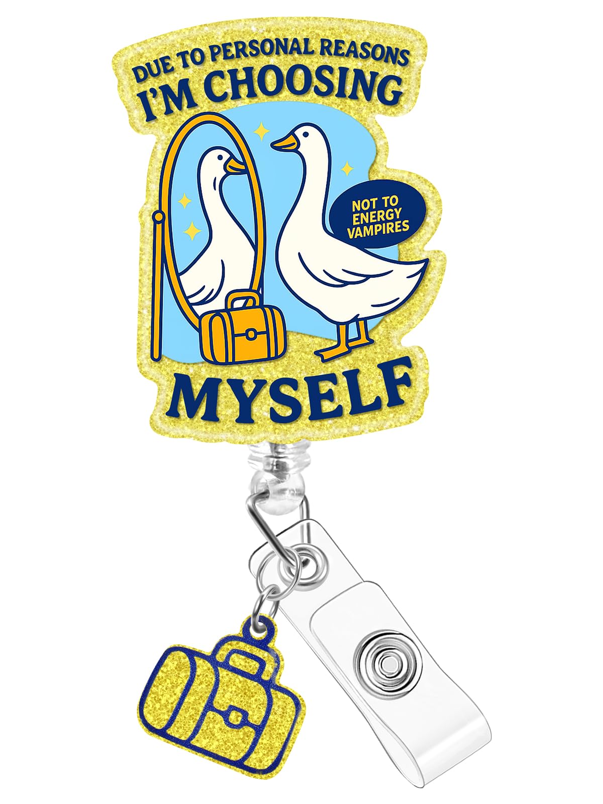 Plifal Badge Reel Holder Clip - Funny Goose Self-Care Positive Retractable ID Name Card Badge Reel with Charm Alligator Clip, Office Nurse Nursing Medical Worker Student Accessories Gifts