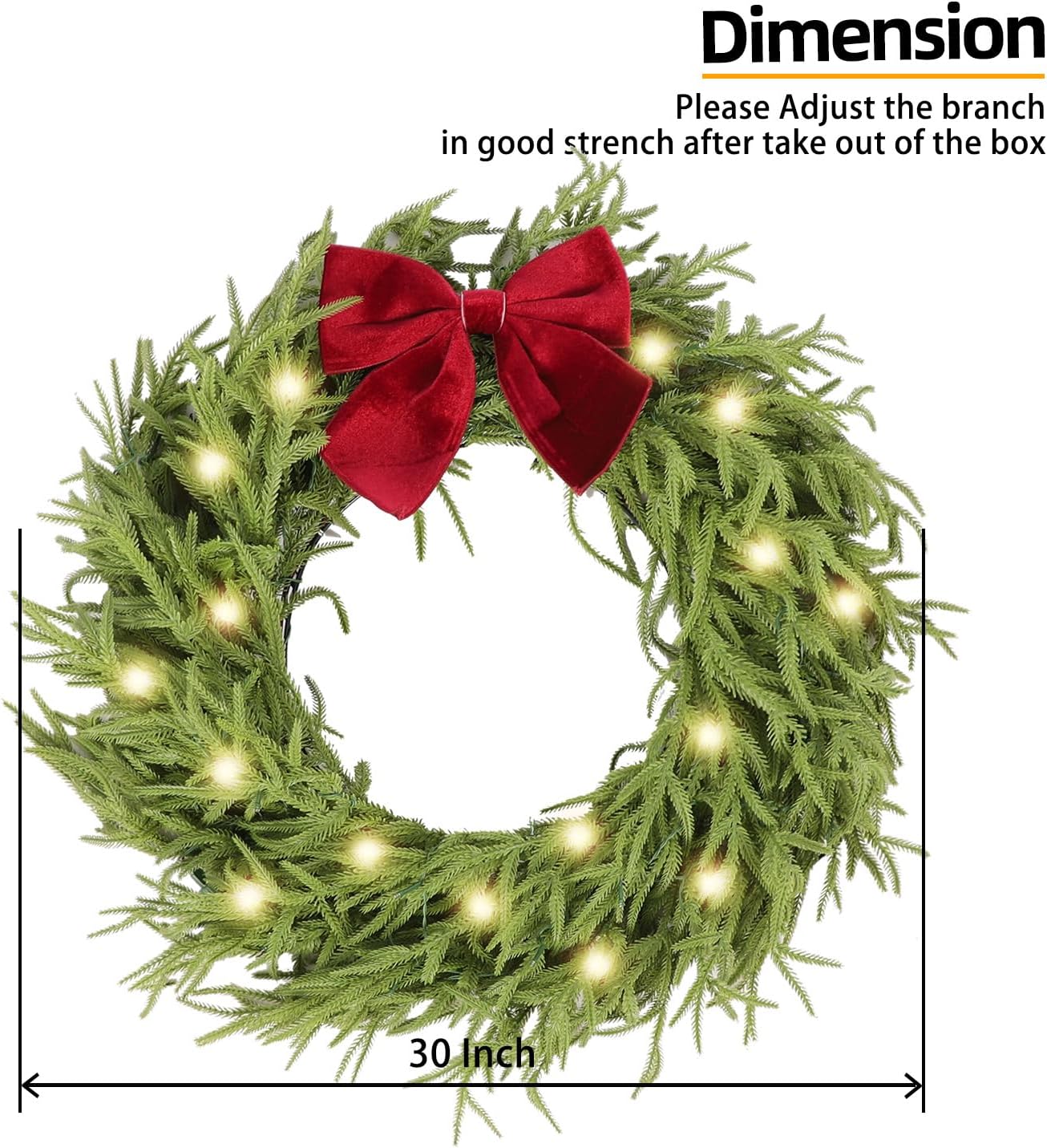 HipTree 30 Inch Christmas Wreaths for Front Door with Lights,Lighted Norfolk Pine Door Wreath,Prelit Real Touch Artificial Green Winter Wreath with Large Burgundy Velvet Bow for Indoor Outdoor Decor