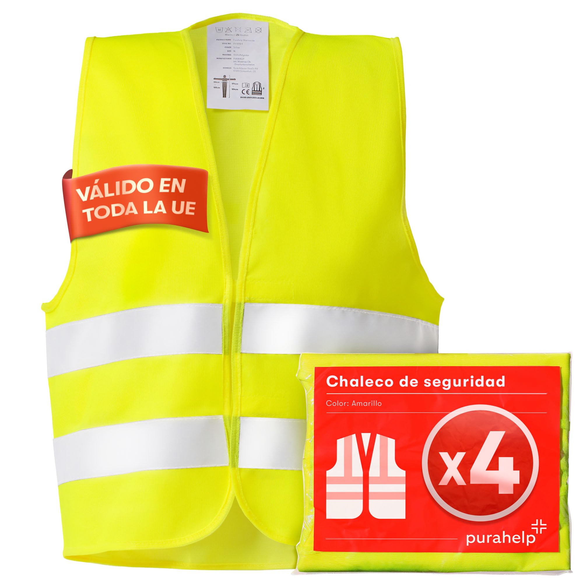 PURAHELP Set de 4 Chalecos Reflectantes para Coche - Alta Visibilidad - Conforme a la Normativa Europea EN ISO 20471 - Chalecos de Seguridad Amarillos - Chalecos de Seguridad para Adultos