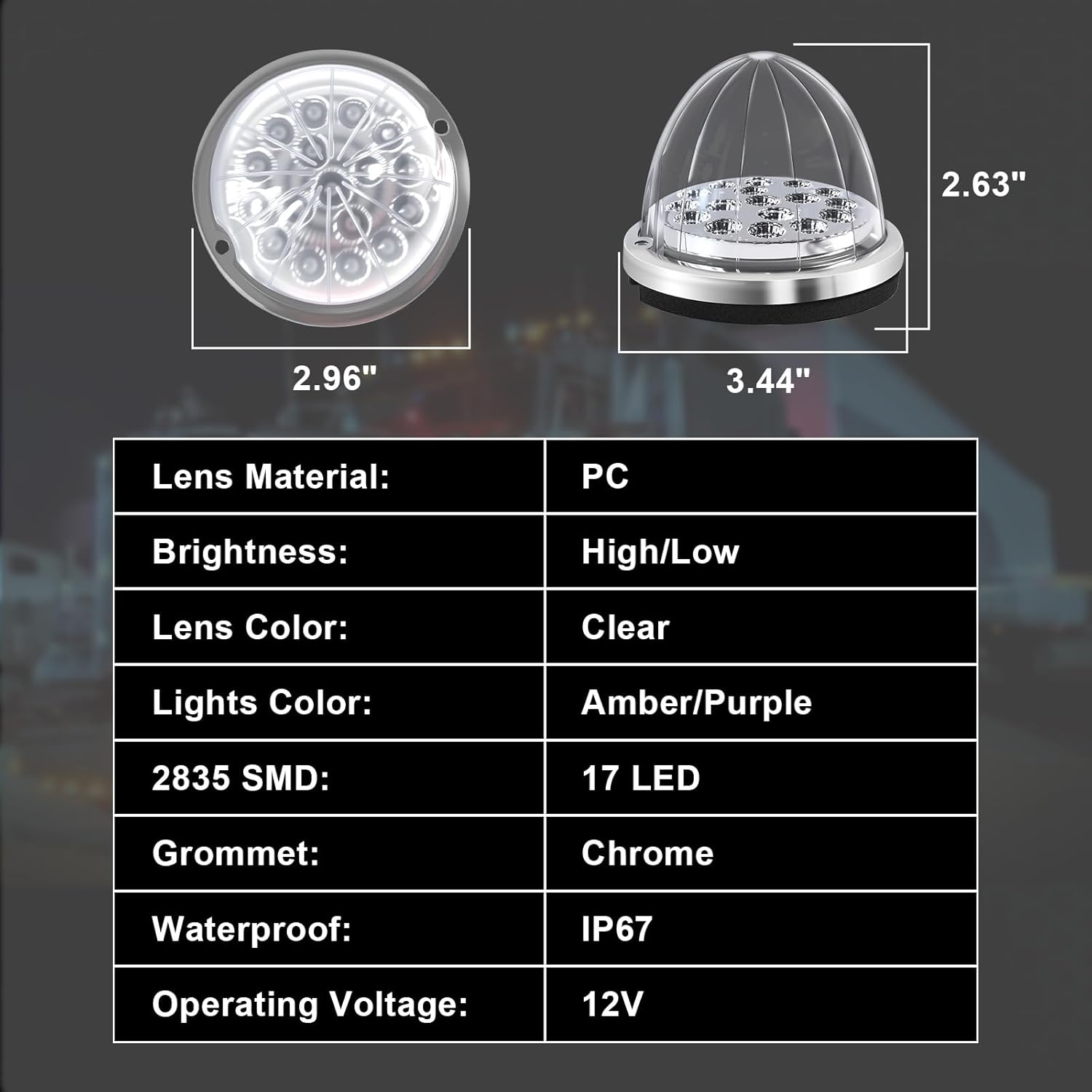 2 Pcs 3.5'' Watermelon Lights Dual Revolution Amber Turn Signal Marker Interior Dome Lights to Purple Auxiliary Lamps with Clear Lens Flush Mount Stainless Bezel for Semi Truck Trailer