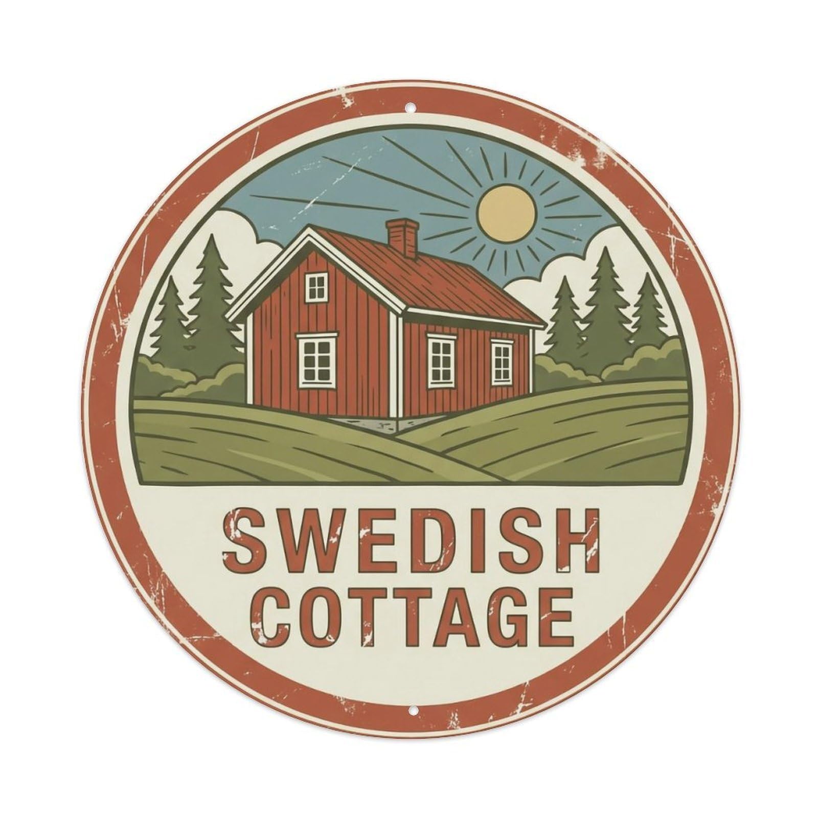 Okahys 8X8inch(20X20cm) Vintage Travel Red Cottage Sweden Countryside Metal Tin Sign