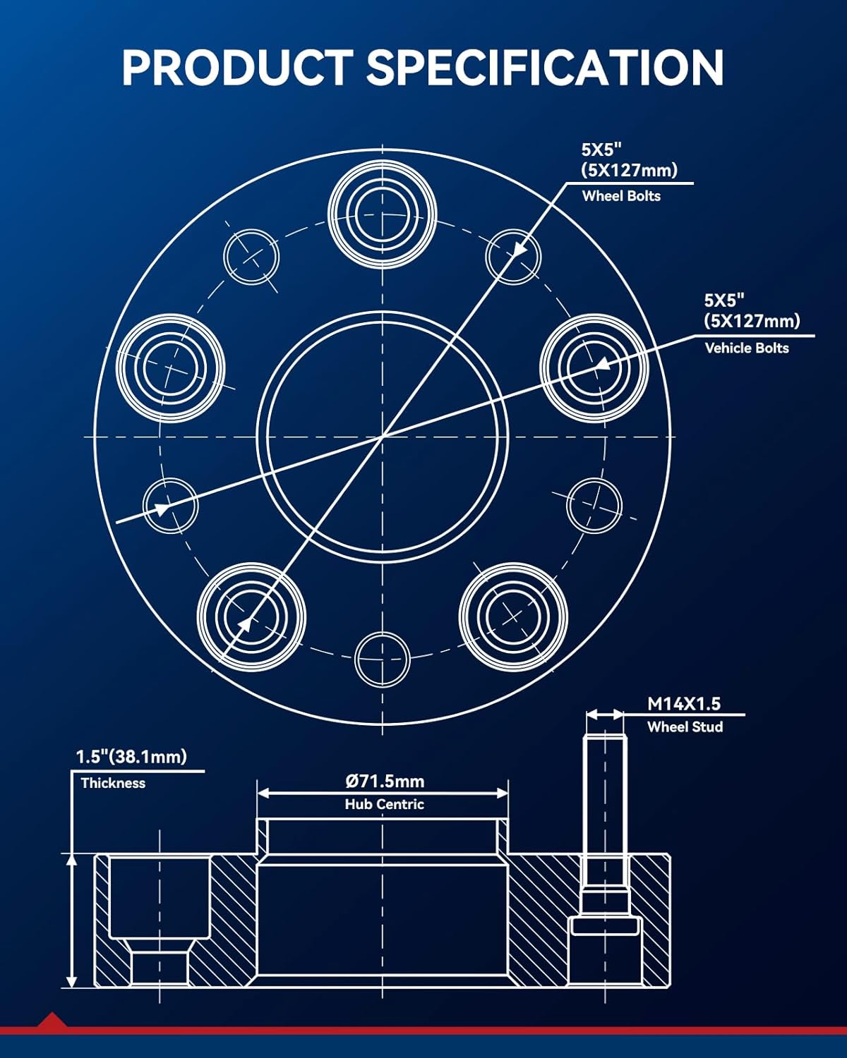 KAX 5x5 Wheel Spacers,1.5 inch 5 Lug Hub Centric Wheel Spacers fit for Grand Cherokee, Wrangler, Gladiator, Durango with M14x1.5 Studs 71.5mm Hub Bore,4pcs