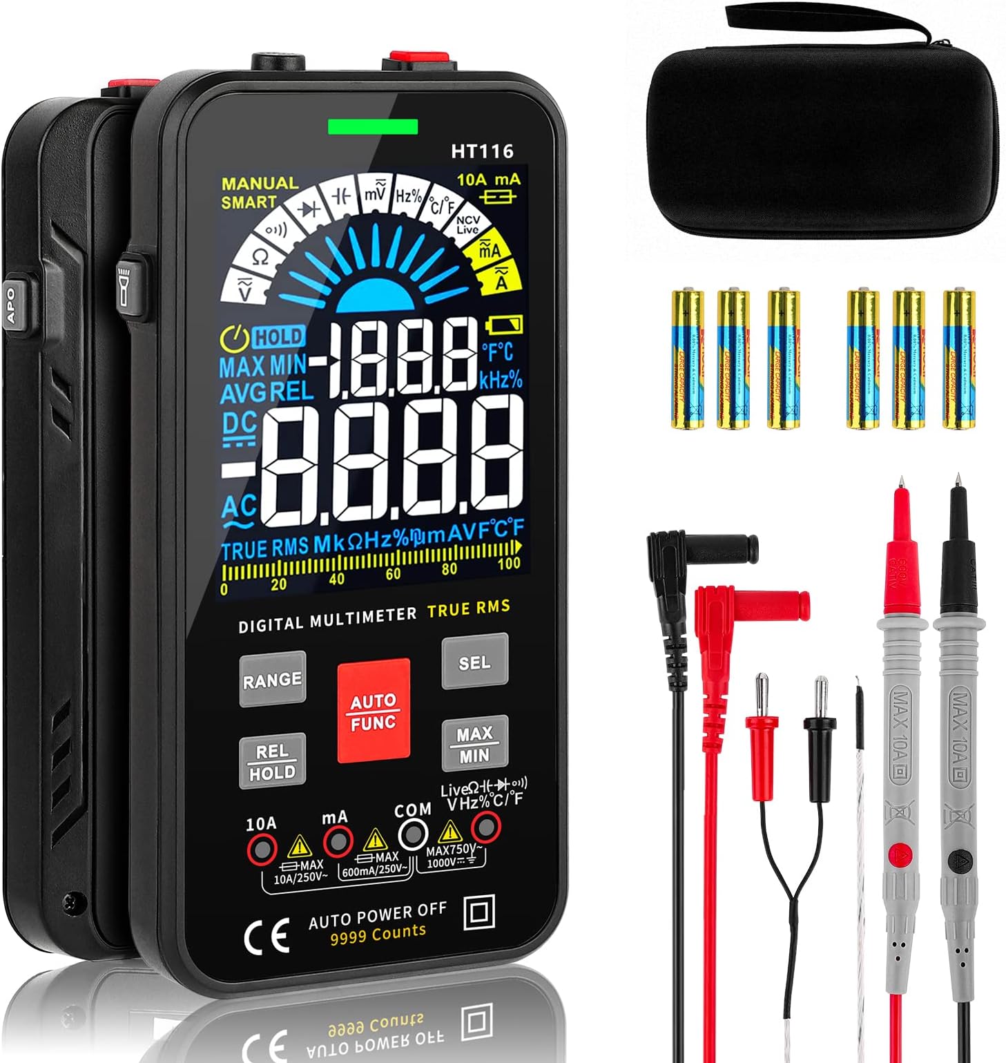 Smart Digital Multimeter, Voltage Meter TRMS 10000 Counts Auto-Ranging, Smart Electrical VA Color Display Screen Tester Voltmeter Measuring AC/DC Voltage Current Resistance Capacitance with NCV