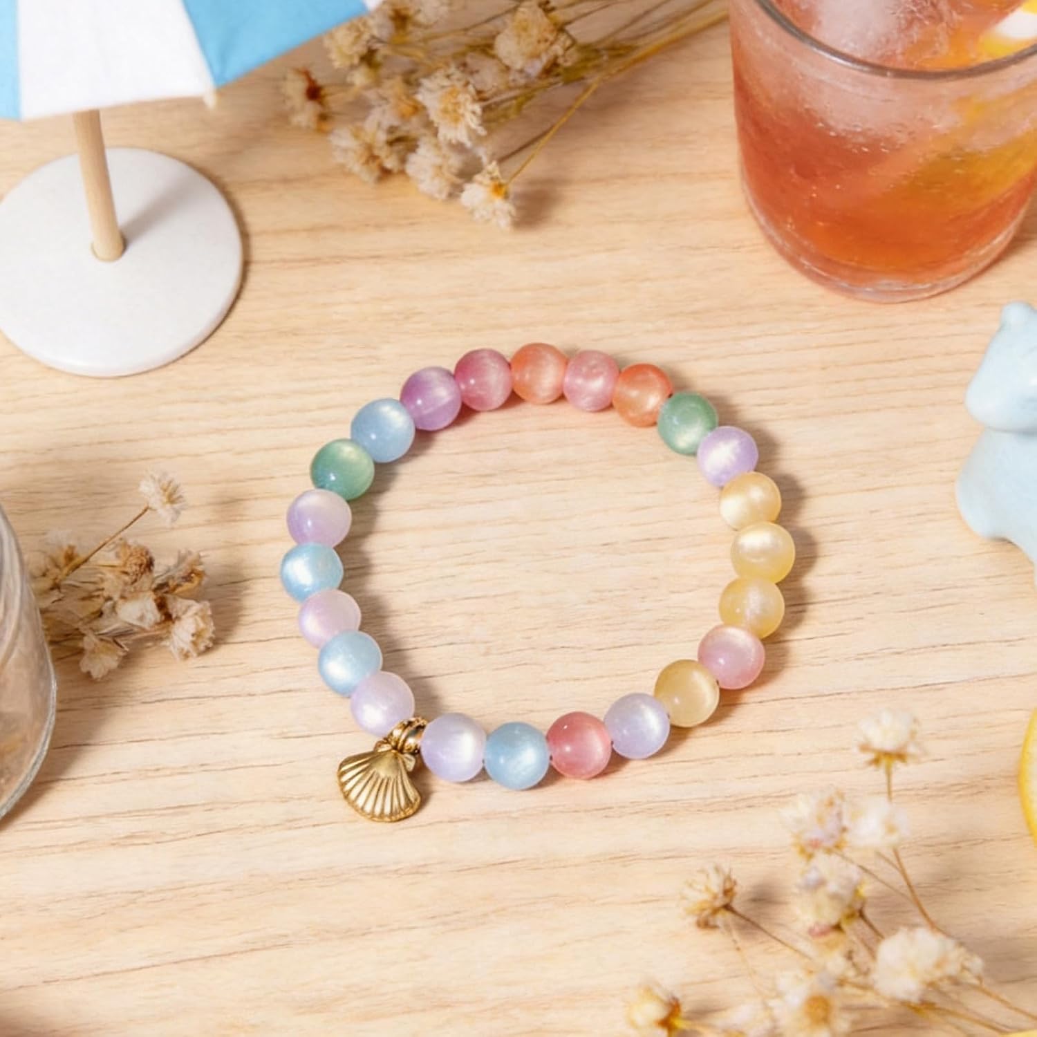 Paerl Sherll Charm UV Reactive Color Changing Beaded Bracelet for Women, Rainbow Summer Charm Bracelet with Starfish Shell Pearl, Stretchy Beach Vacation Jewelry Gift for Friends Sisters image 5