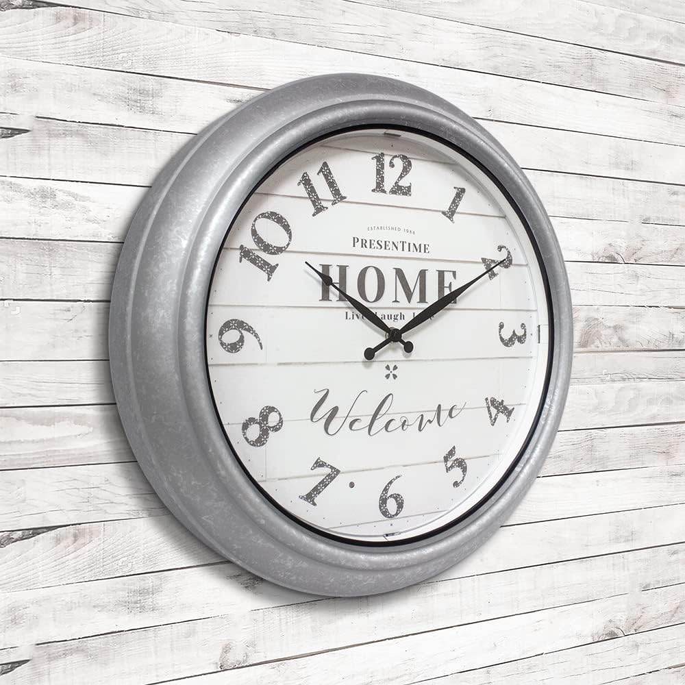 Presentime & Co 18" Vienna Modern Farmhouse Luminous Indoor/Outdoor Clock, Shiplap Style, Galvanized Silver Finish, Night Light with Smart Sensor, Wall Decoration, Outdoor Lights & Decoration.