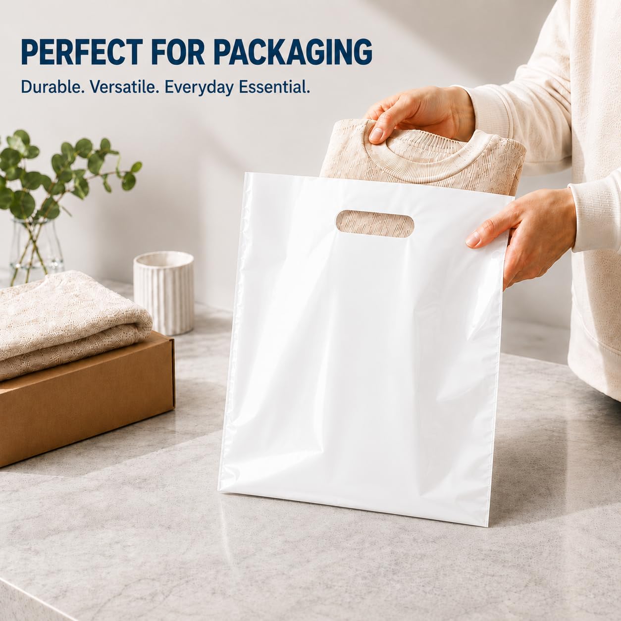 Purple Q Crafts 50 Pack White Plastic Merchandise Bags with Die Cut Handles, 15" x 18" Retail Bags image 3