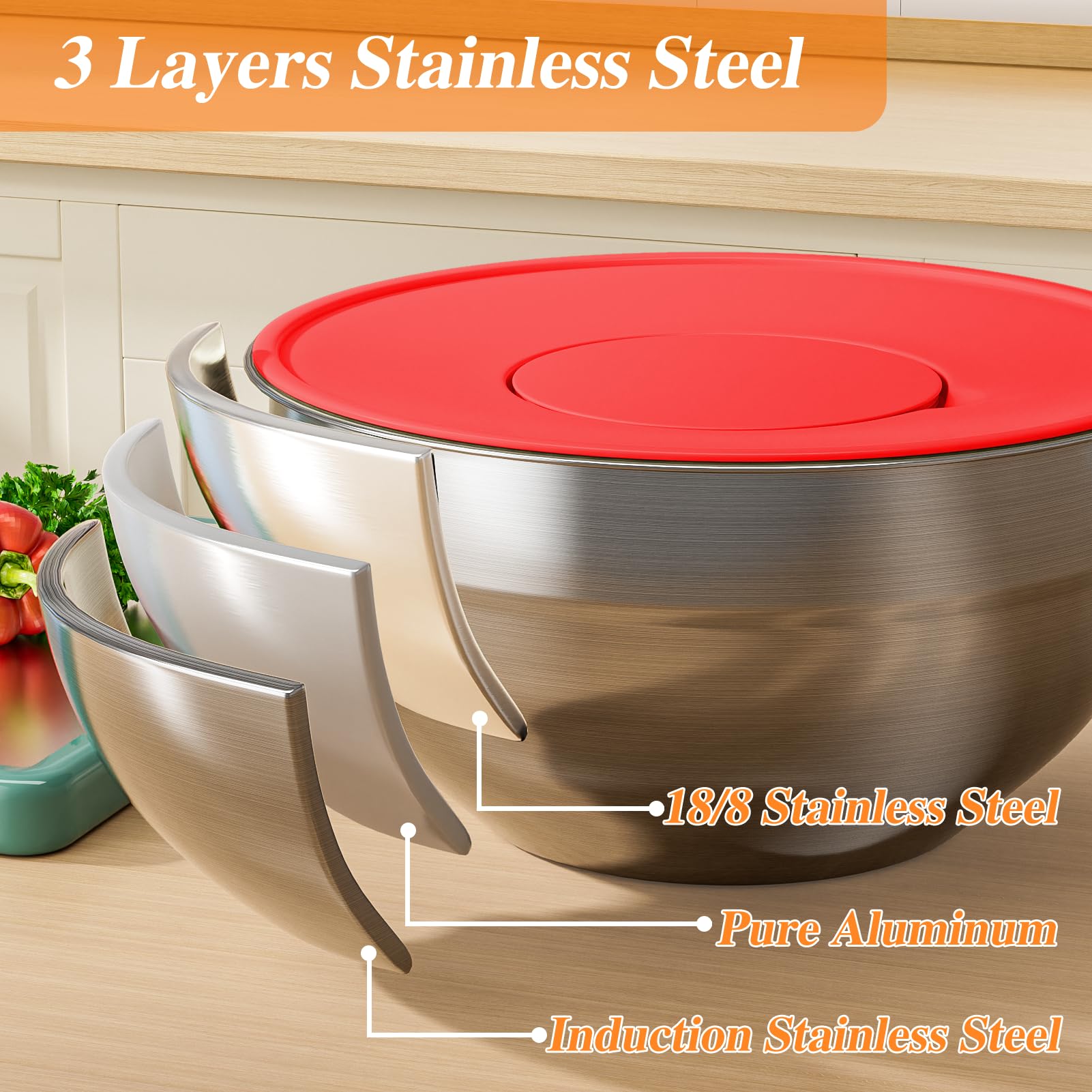 Juego de 6 tazones para mezclar con tapas, cuencos de acero inoxidable con 3 accesorios de rallador, organizadores de alimentos de cocina, tazón para mezclar anidado, tamaño grande 4.5, 3.5,