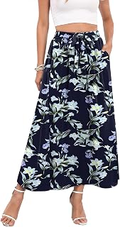 Womens Maxi Skirt Summer Trendy Tie Knot Elastic High Waisted Boho Casual Beach Flowy Swing Long Skirts with Pockets