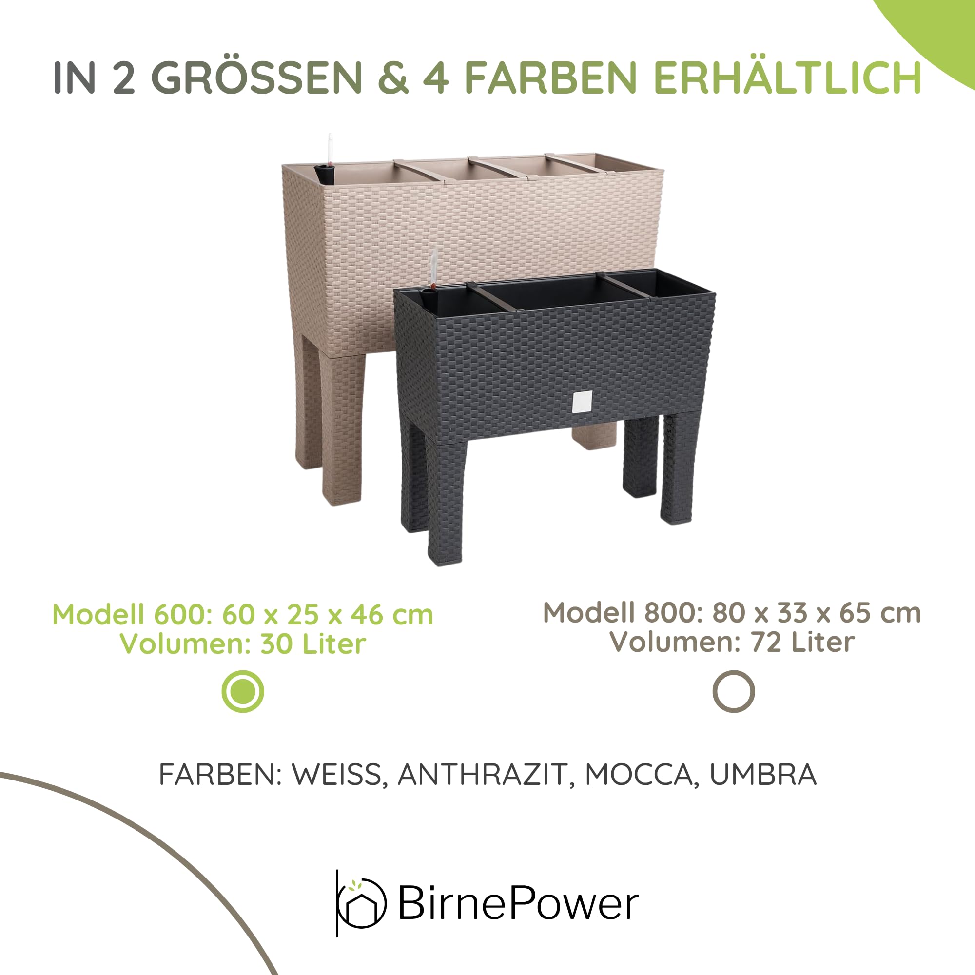 BirnePower Blumentopf Blumenkasten mit Füßen Blumenkübel Rattan Optik Pflanzenkasten Bewässerung (600 umbra)