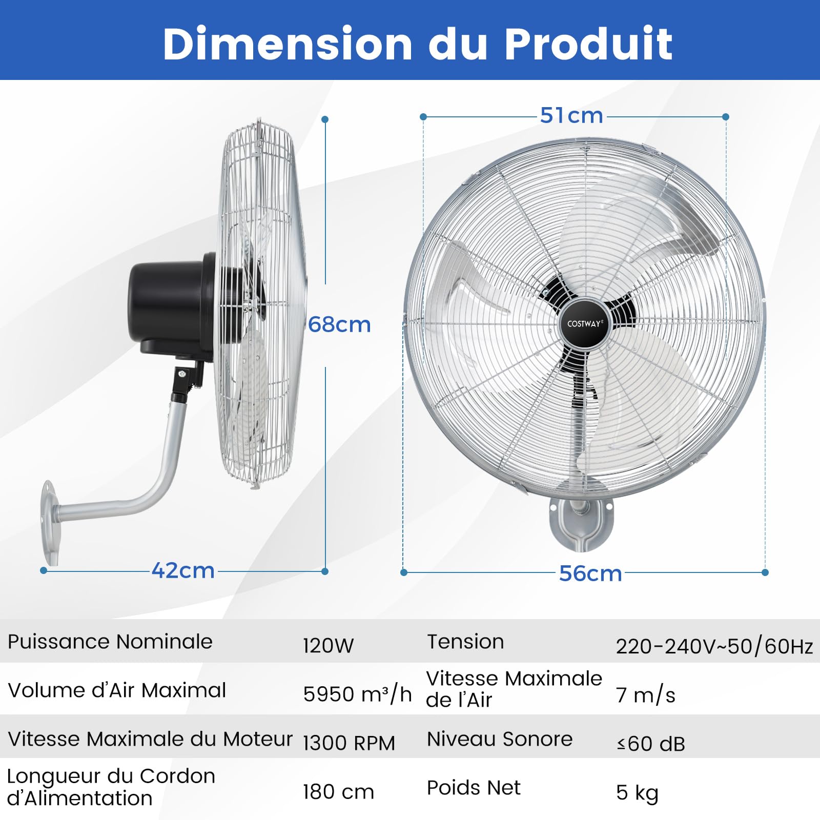 COSTWAY Ventilateur Mural Industriel Ø56 cm 120W 3 Vitesses, Ventilateur Domestique Pales en Aluminium Tête d'Inclinaison Réglable à 30° Oscillation à 85° pour Entrepôt Atelier (Argenté)