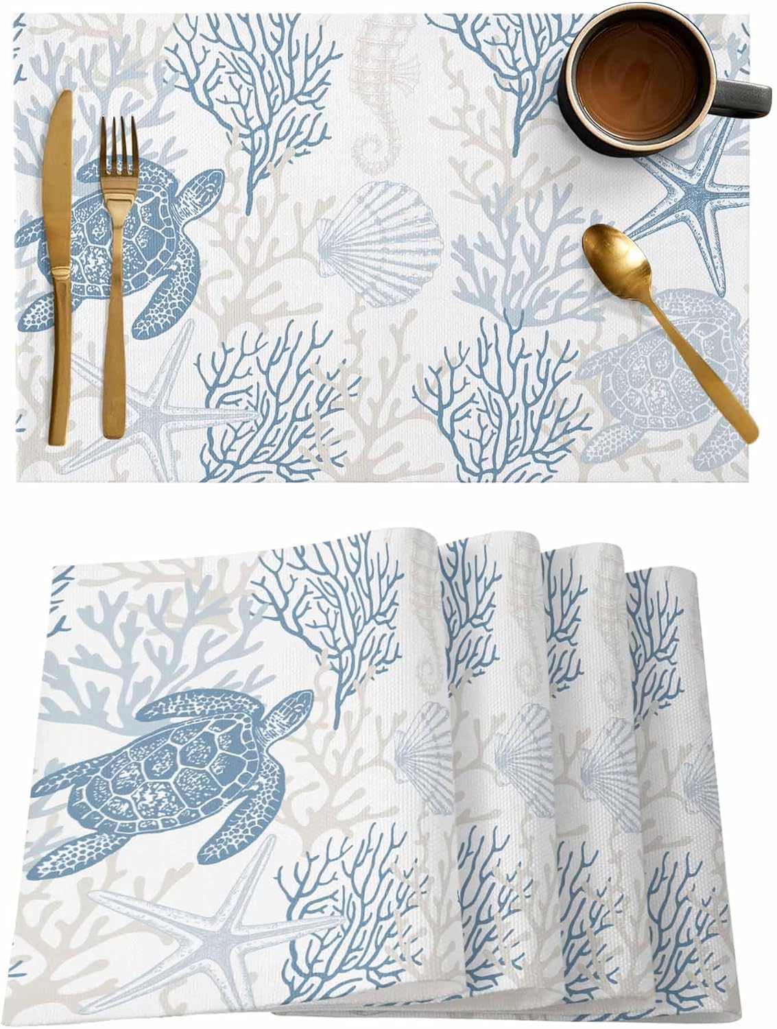 Summer Placemats Set of 6, Ocean Grey Coral Sea Turtle Table Mats Washable Heat-Insulation Placemat for Kitchen Dinner Table Non-Slip 13x19 Inch Place Mats for Indoor Outdoor Decor