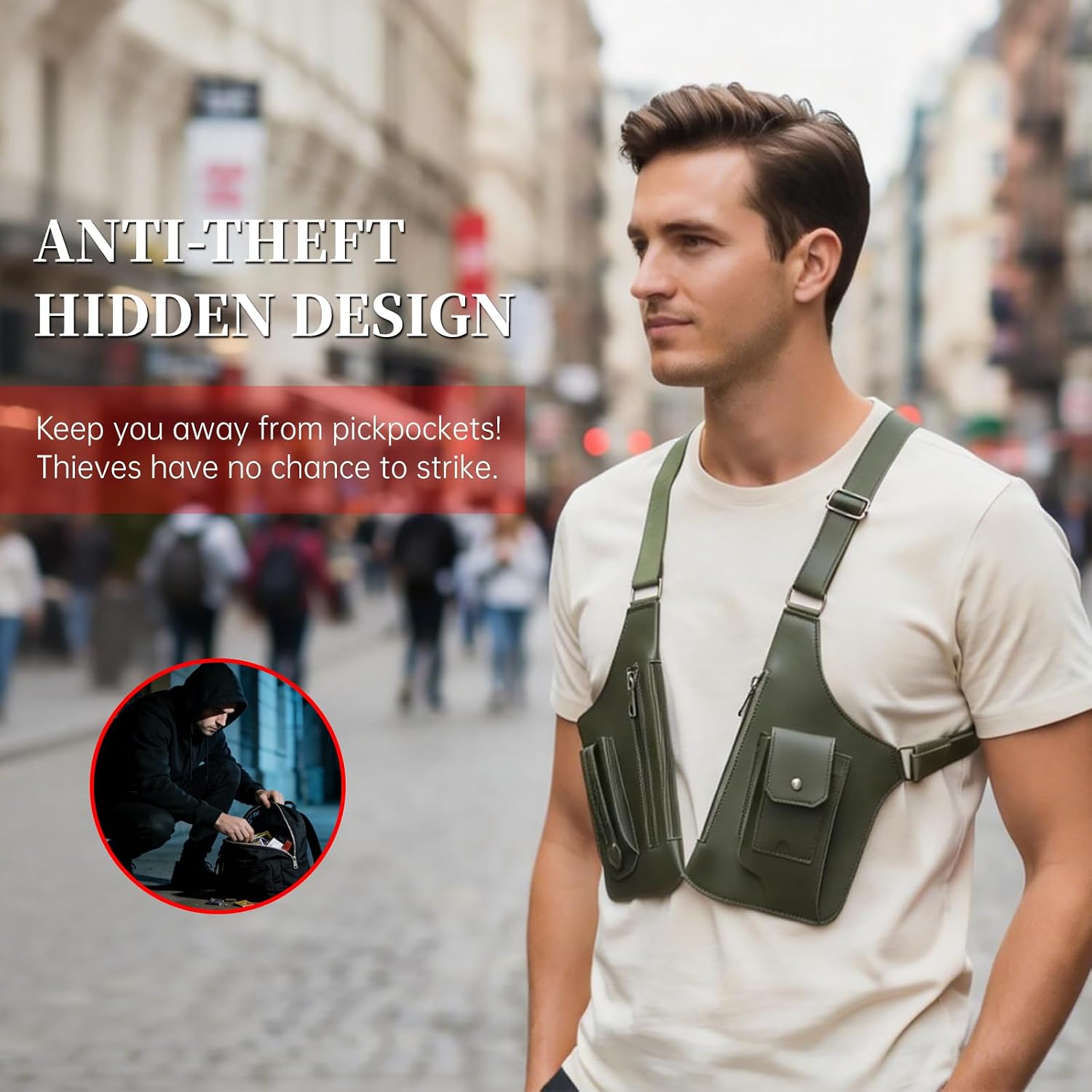 Double Shoulder Armpit Bag for Men, Anti-Theft Underarm Shoulder Bag with Adjustable Strap, Hidden Phone Wallet Pocket for Travel & Daily Commute (Army Green)