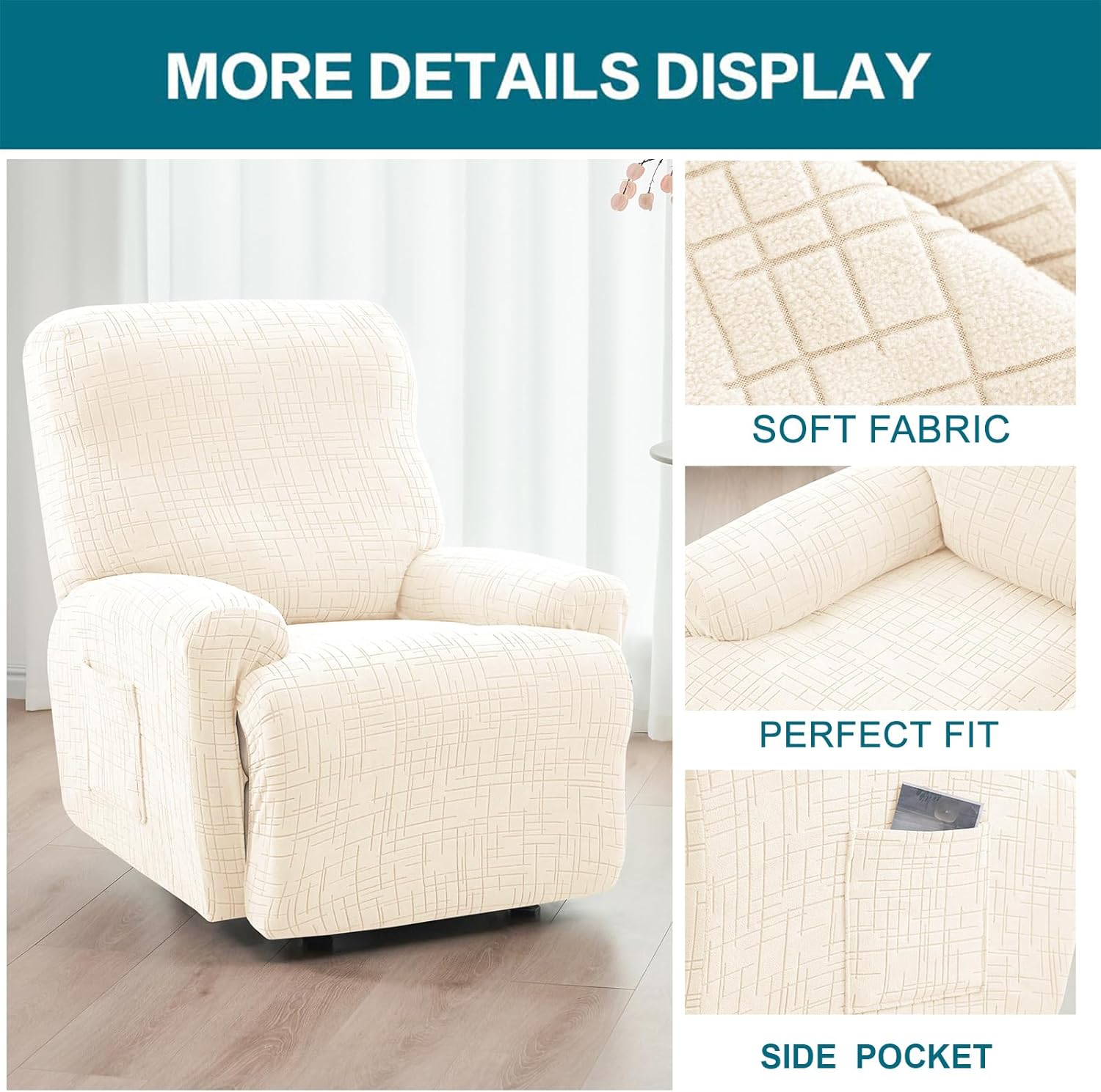 KRFOONN Stretch Recliner Slipcovers Jacquard Recliner Chair Covers 4-Piece Lazy Boy Recliner Covers Non Slip Reclining Furniture Protector Sofa Couch Cover with Elastic Bottom for Kid Pet, T9