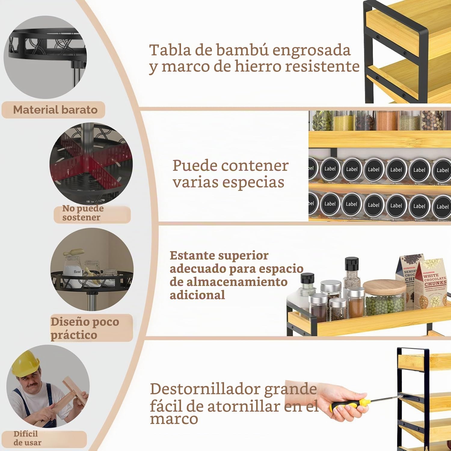 Especiero de Madera de 4 Niveles, Especiero de pie, para 35 Botellas de Especias (Vidrio no Incluido) para Cocinas, armarios, despensa, encimera, Organizador Especias.