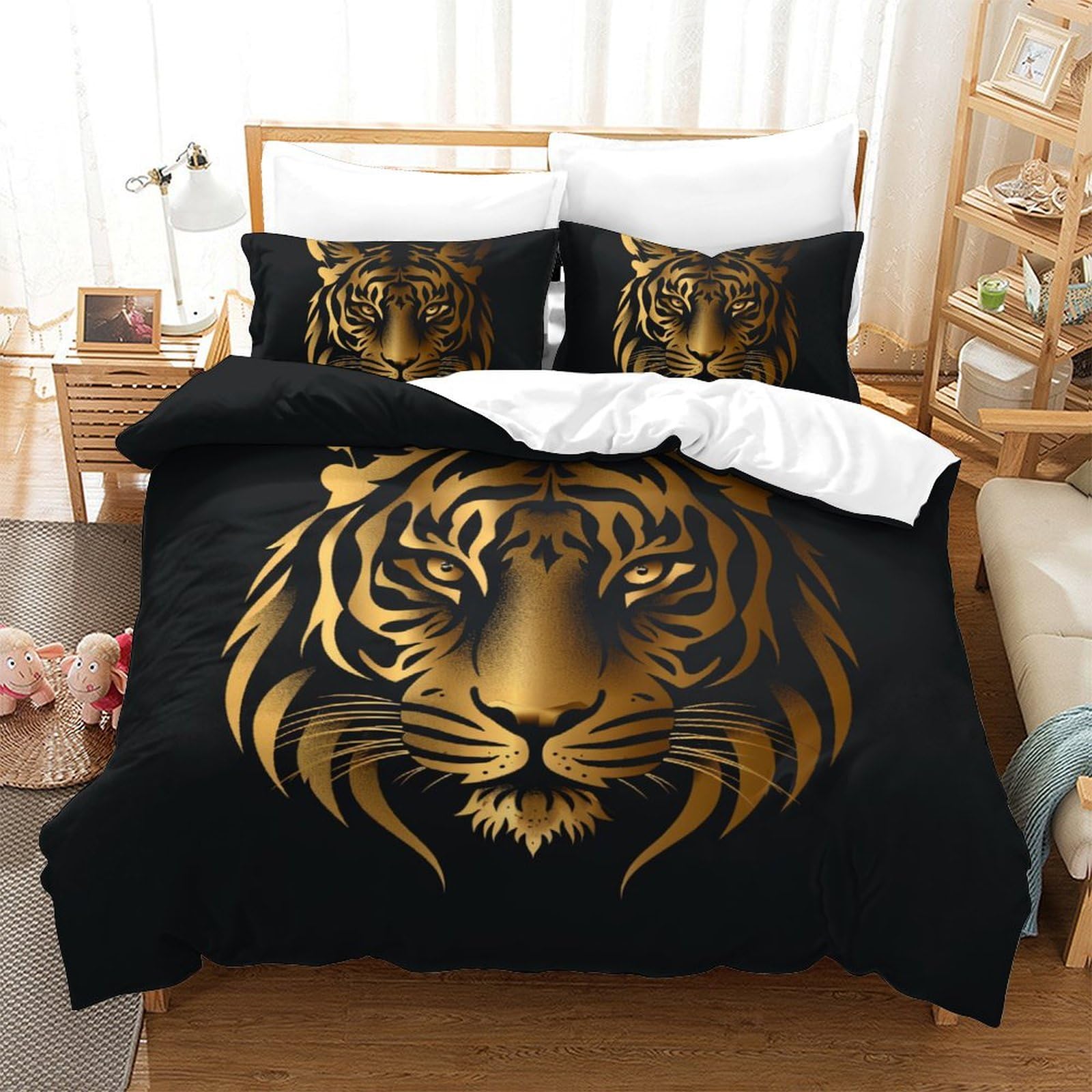 Housse de couette tigre microfibre 200x200 cm douce sans repassage pour lit