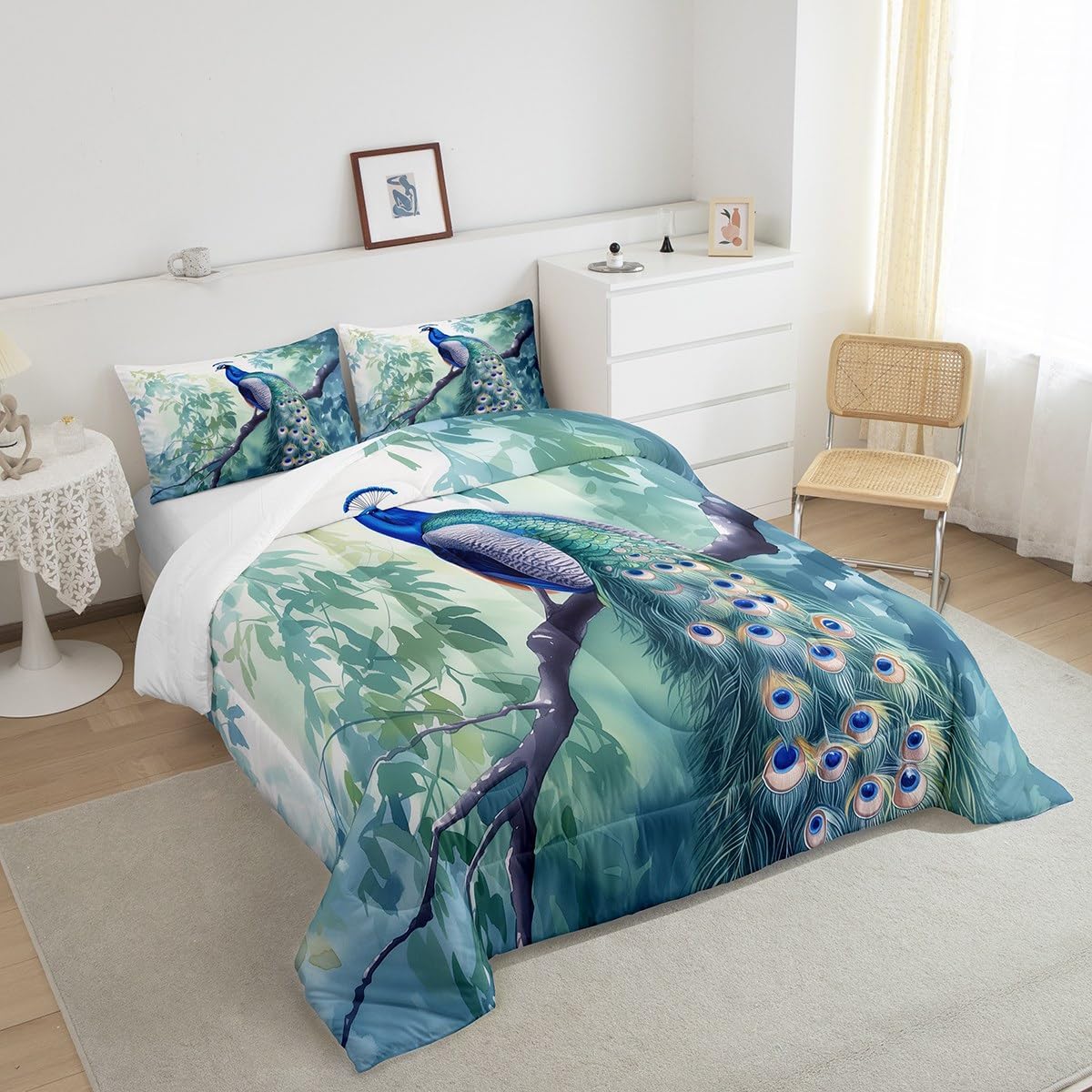 Chinoiserie Chic Peacock Bedding Set Garden Botanical Bird Tree Branches Vintage Stylized Comforter Set Tribal Retro Peacock Feathers Decorative Duvet Insert Set with 1 Pillow Sham,Twin Size,Blue Teal