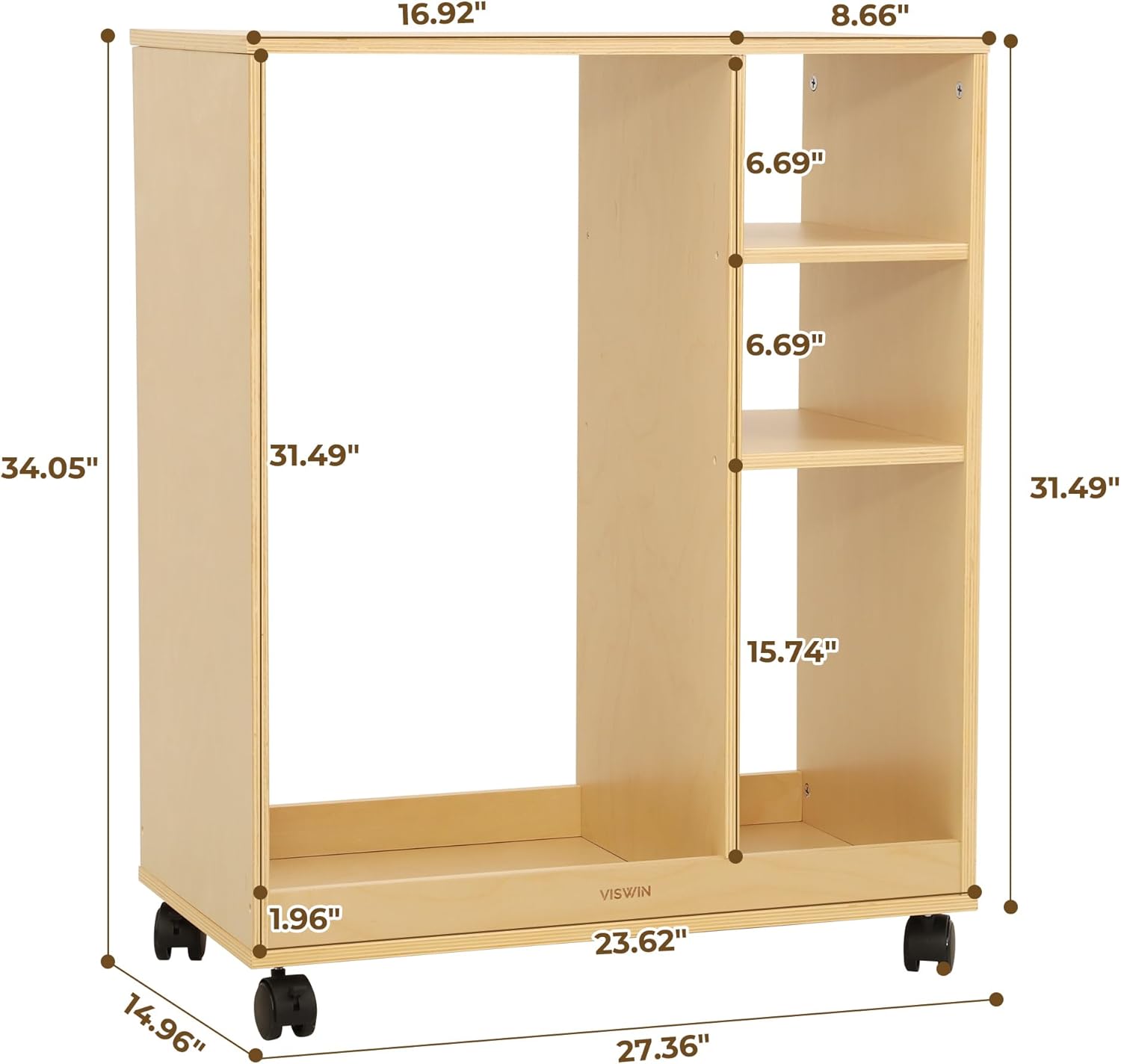 VISWIN Art Cart Organizer, Solid Pine Wood Art Supply Storage Organizer with Caster Wheels, 3-Tier Multifunctional Rolling Utility Storage Cart for Studio, Classroom, Artists - Natural