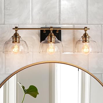 KSANA Bathroom Light Fixtures, 3 Light Black and Gold Vanity Lights for Bathroom with Clear Glass Shade, 24.5 Modern Brass Bathroom Lights Over Mirror