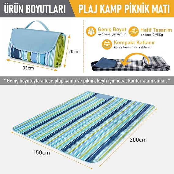 Haegs Piknik Örtüsü, Çanta Kamp Matı, Plaj Matı, Piknik Yer Örtüsü, Seyahat, Kamp, Outdoor, Park Çim Kum Tutmaz, Su Geçirmez, Kullanışlı Çanta Model, Katlanabilir 200x150cm - Etnik Kaplumbağa Mavi