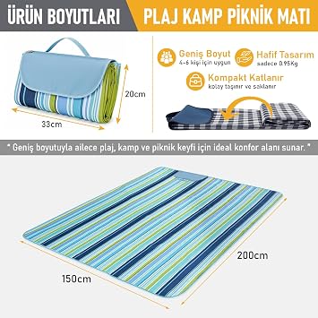 Haegs Piknik Örtüsü, Çanta Kamp Matı, Plaj Matı, Piknik Yer Örtüsü, Seyahat, Kamp, Outdoor, Park Çim Kum Tutmaz, Su Geçirmez, Kullanışlı Çanta Model, Katlanabilir 200x150cm - Etnik Kaplumbağa Mavi