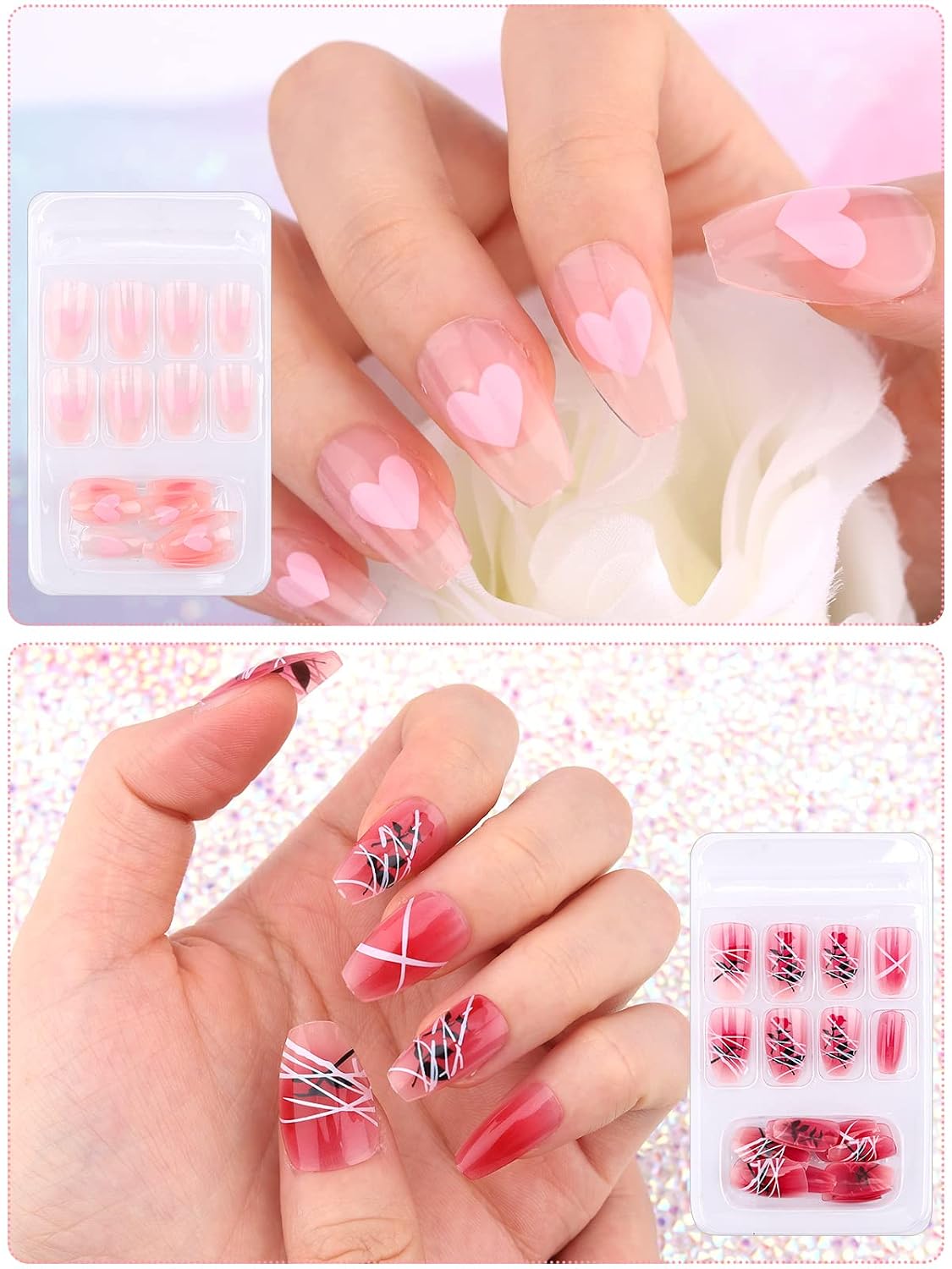 TOROKOM 192Pcs Medium Coffin Press on Nails With Designs Colorful Acrylic Press On Nails Cute Glossy False Nails for Women Girls With Nail Tabs