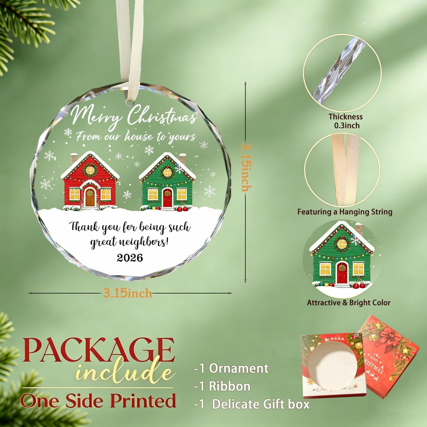 2026 Christmas Crystal Ornament for Neighbors, Merry Christmas from Our House to Yours Thank You Great Neighbor Keepsake Xmas Tree Hanging Decor Gift image 2