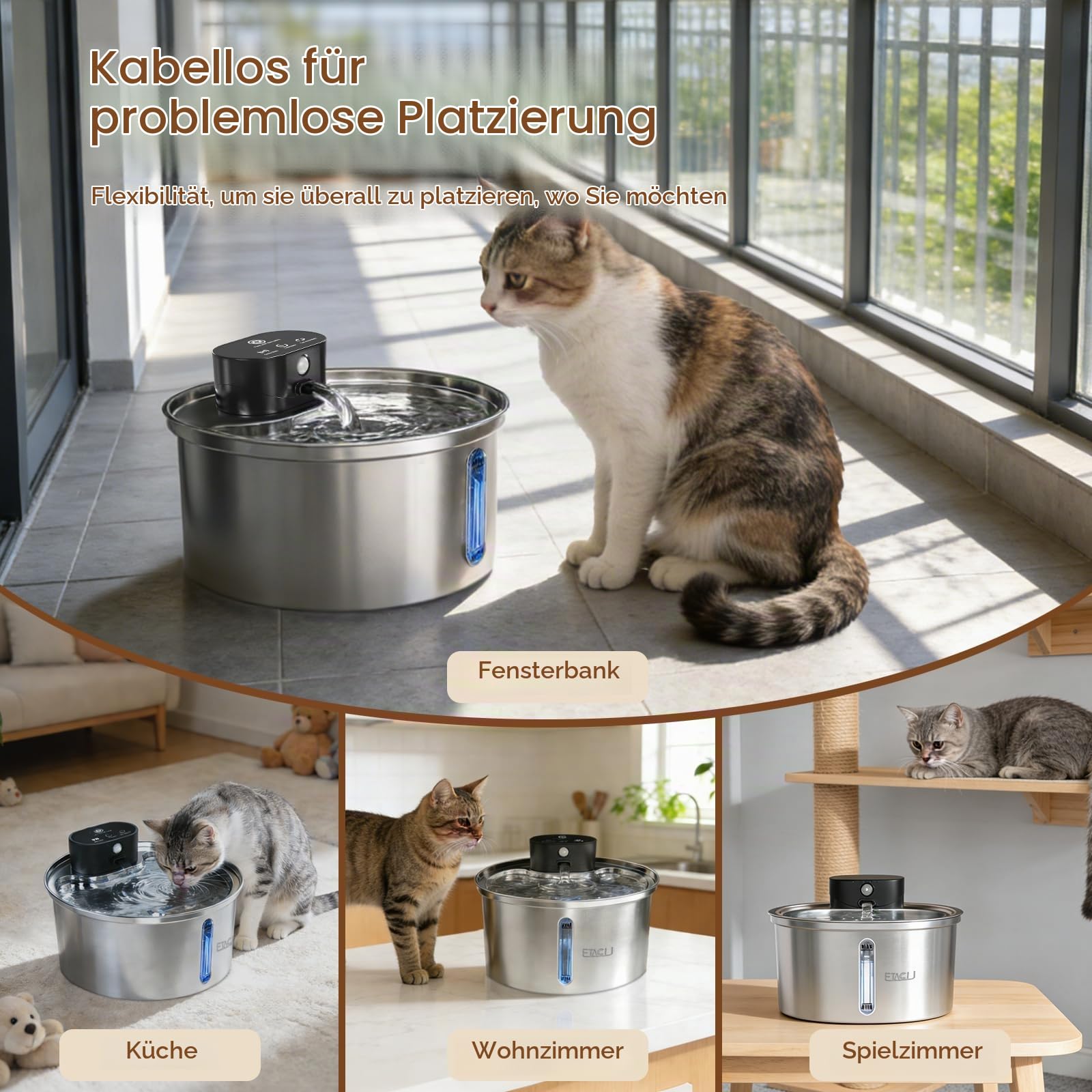 ETACCU Trinkbrunnen für Katze Kabellos, 3.2L Katzenbrunnen Edelstahl mit 3m Bewegungsmelder, 5000mAh Batteriebetrieben, Leise Wasserpumpe, Katzenbrunnen für Katzen und kleine Hunde
